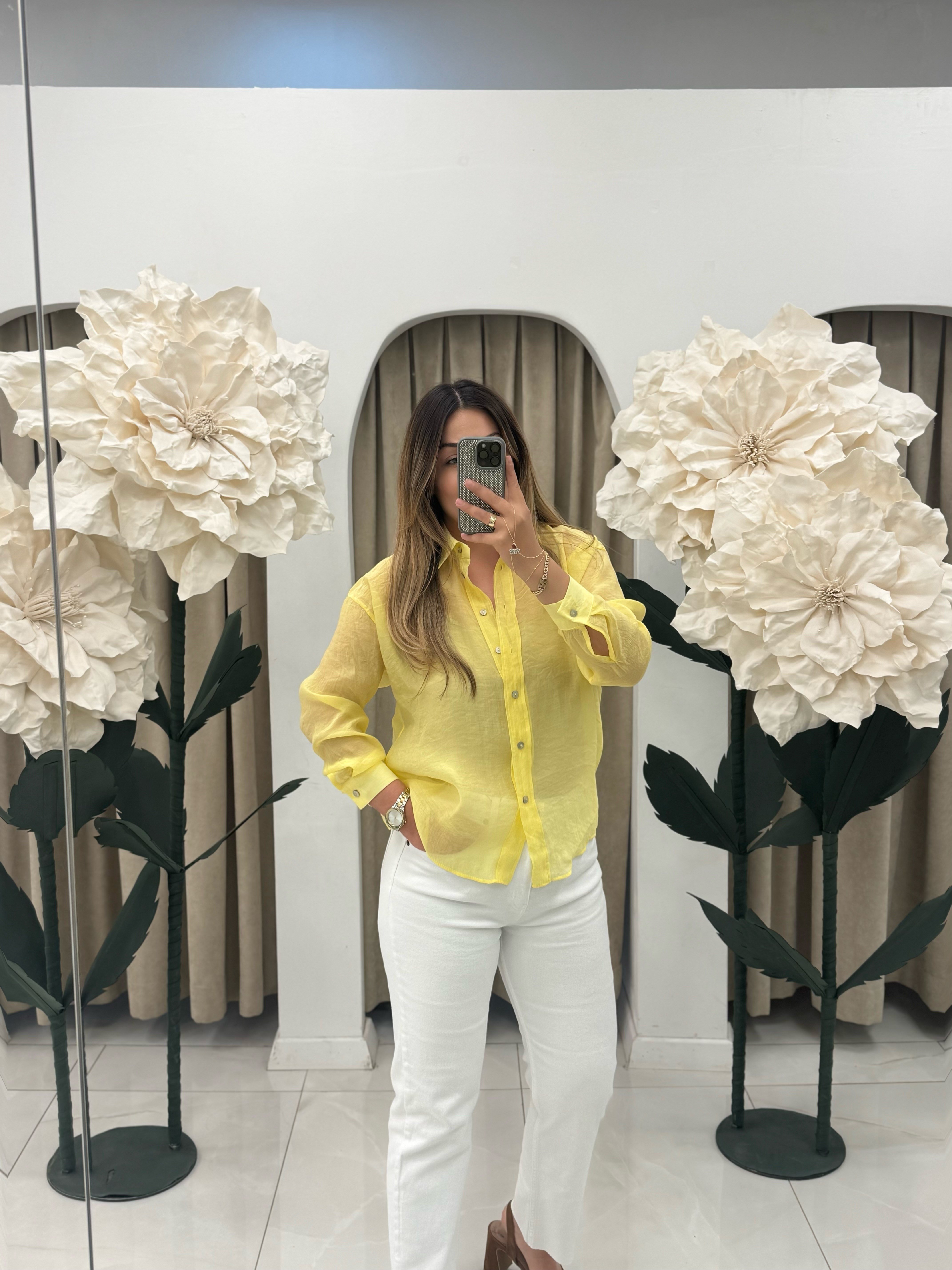oversize ipeksi gömlek-sarı