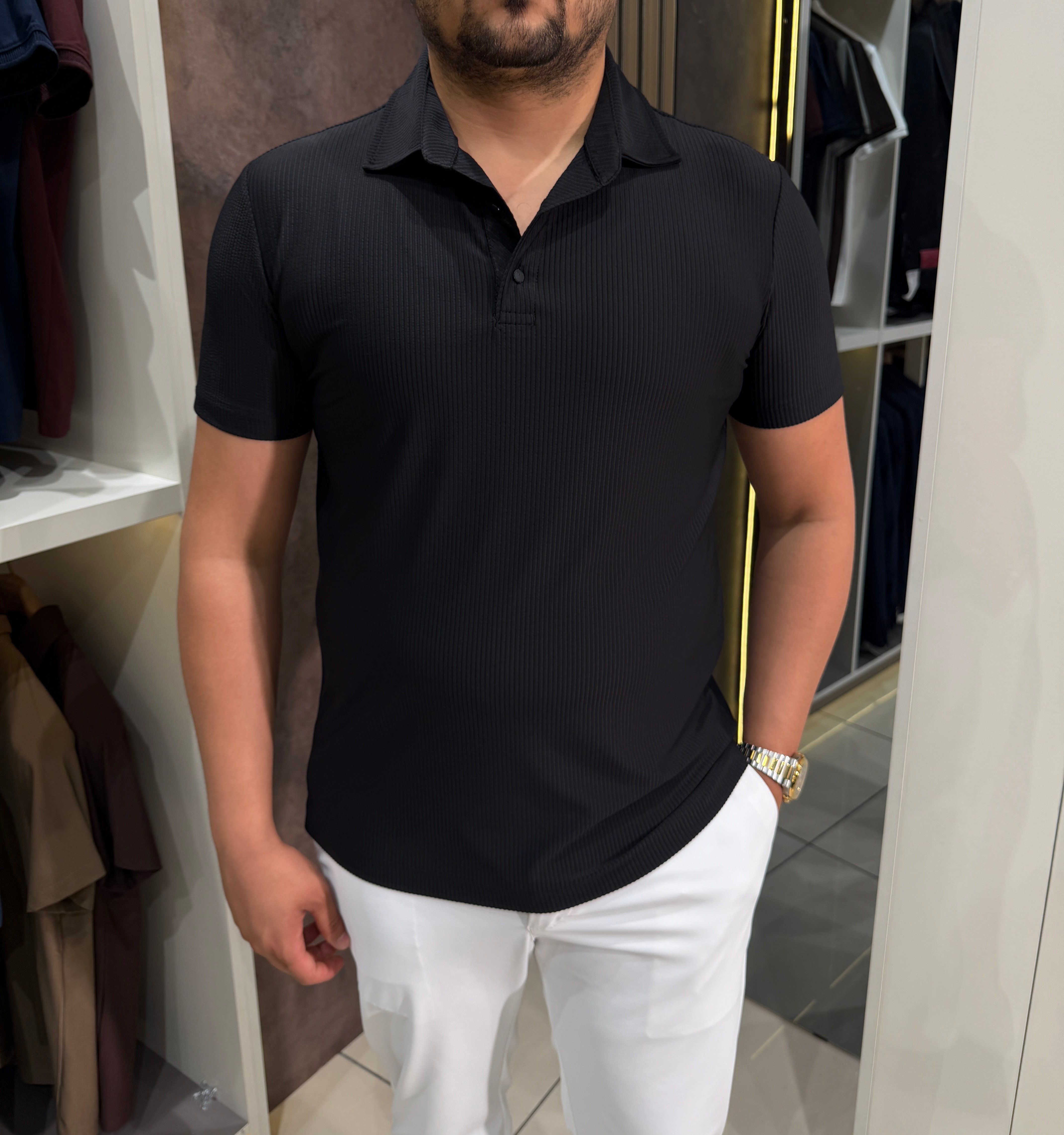 Fitilli Polo Yaka T-shirt | Siyah