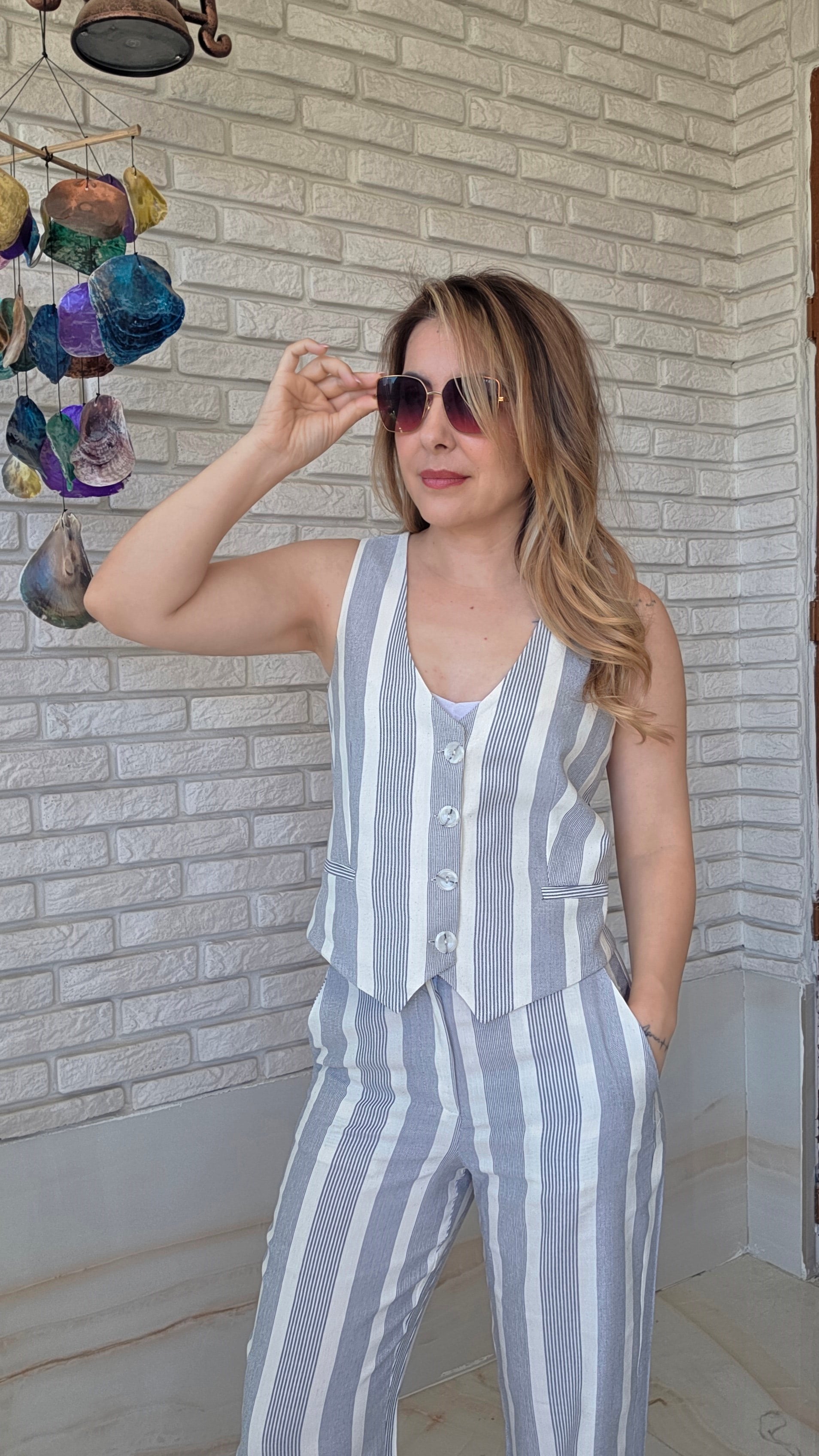 Çizgili Yelek Takım 