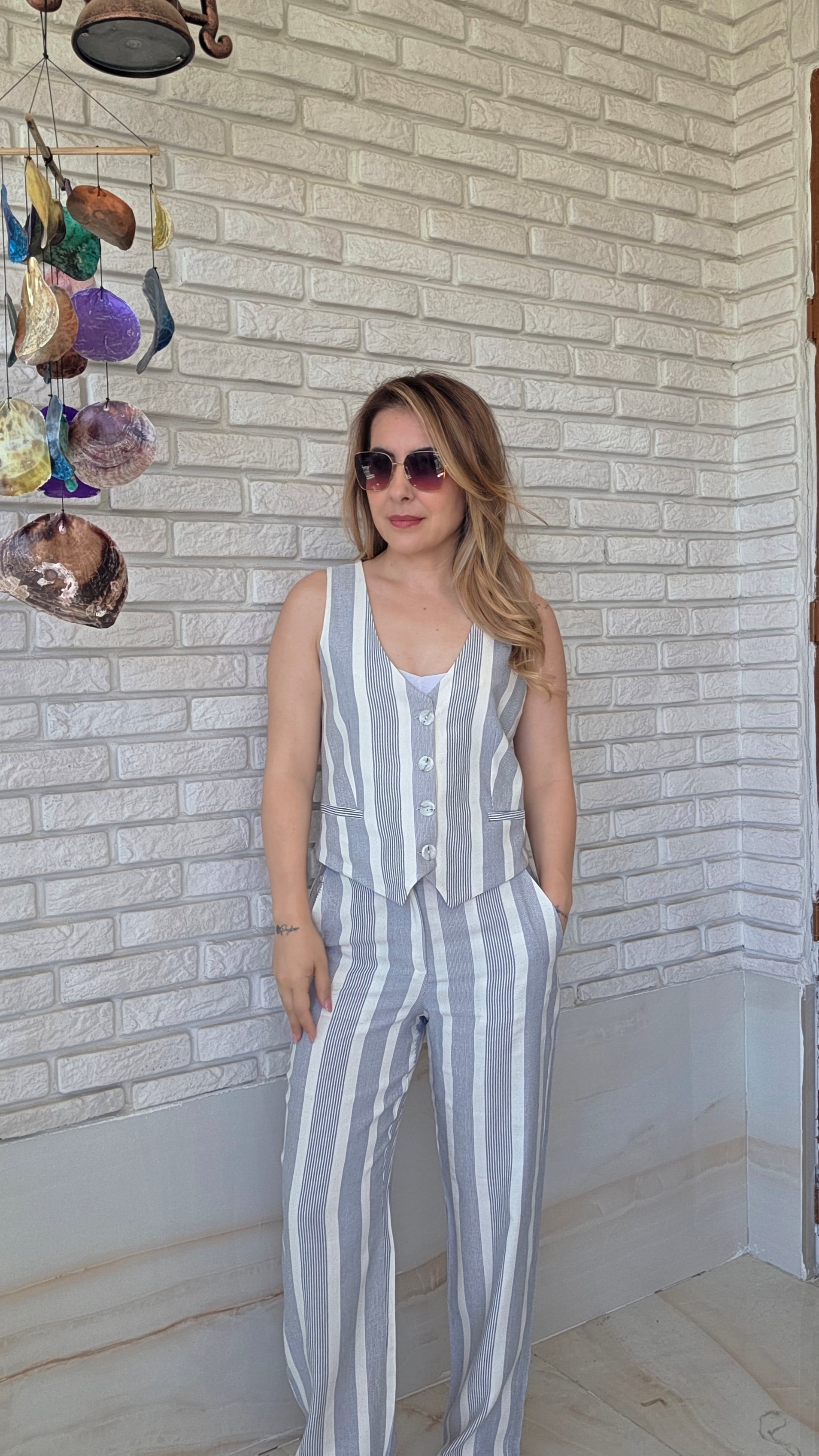 Çizgili Yelek Takım 
