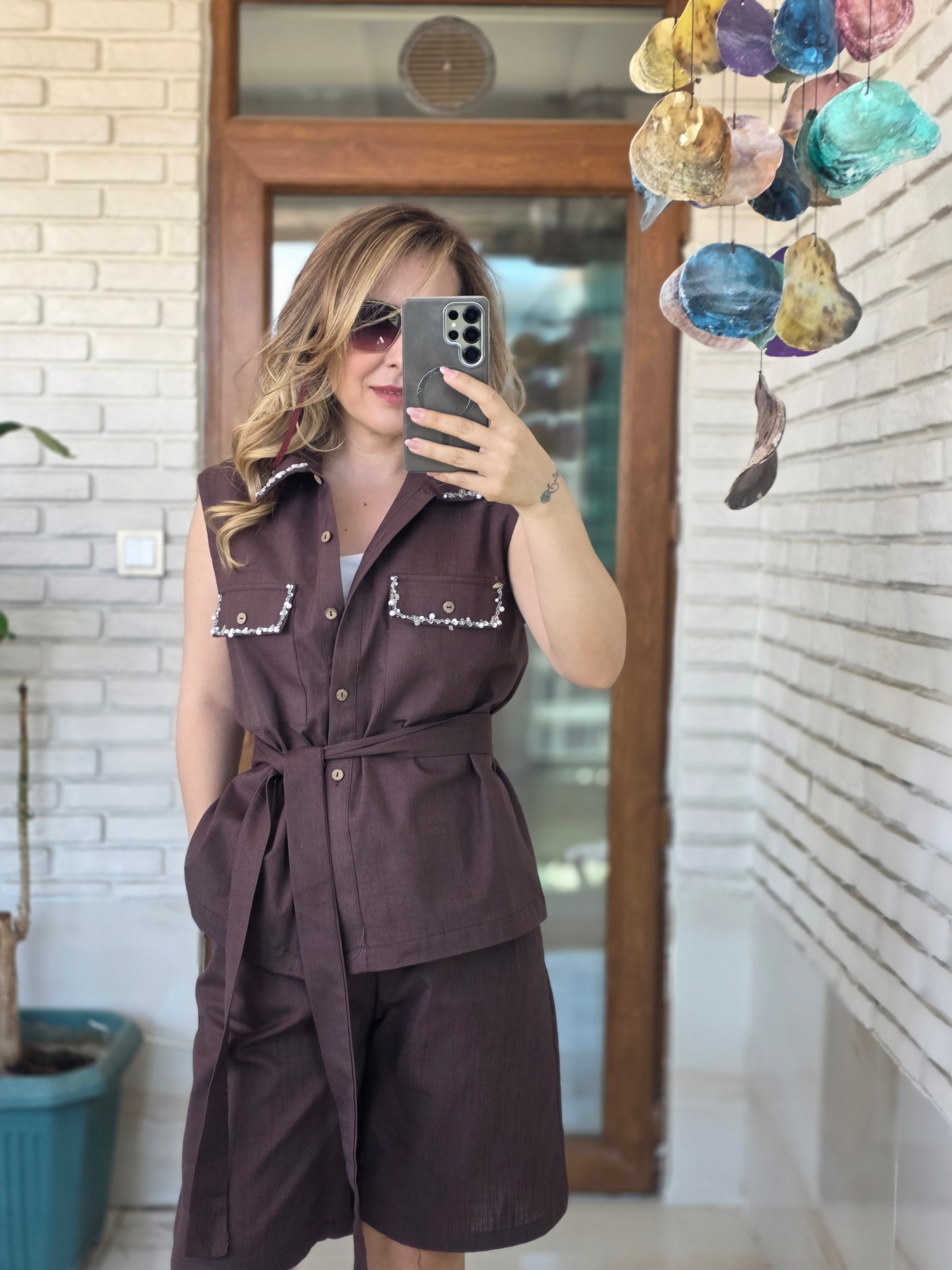 Kahve  Taşlı Keten Şort Takım