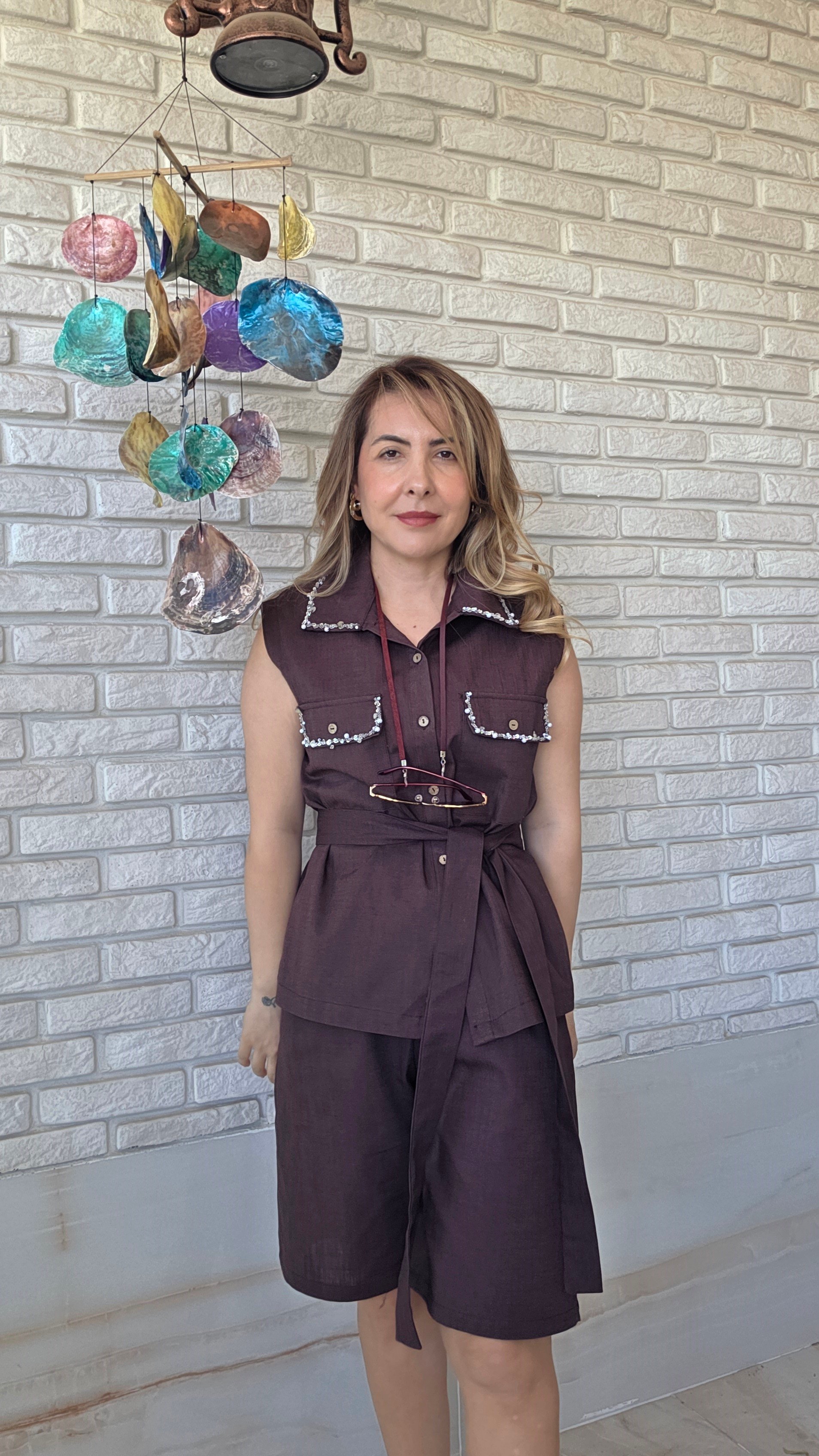 Kahve  Taşlı Keten Şort Takım