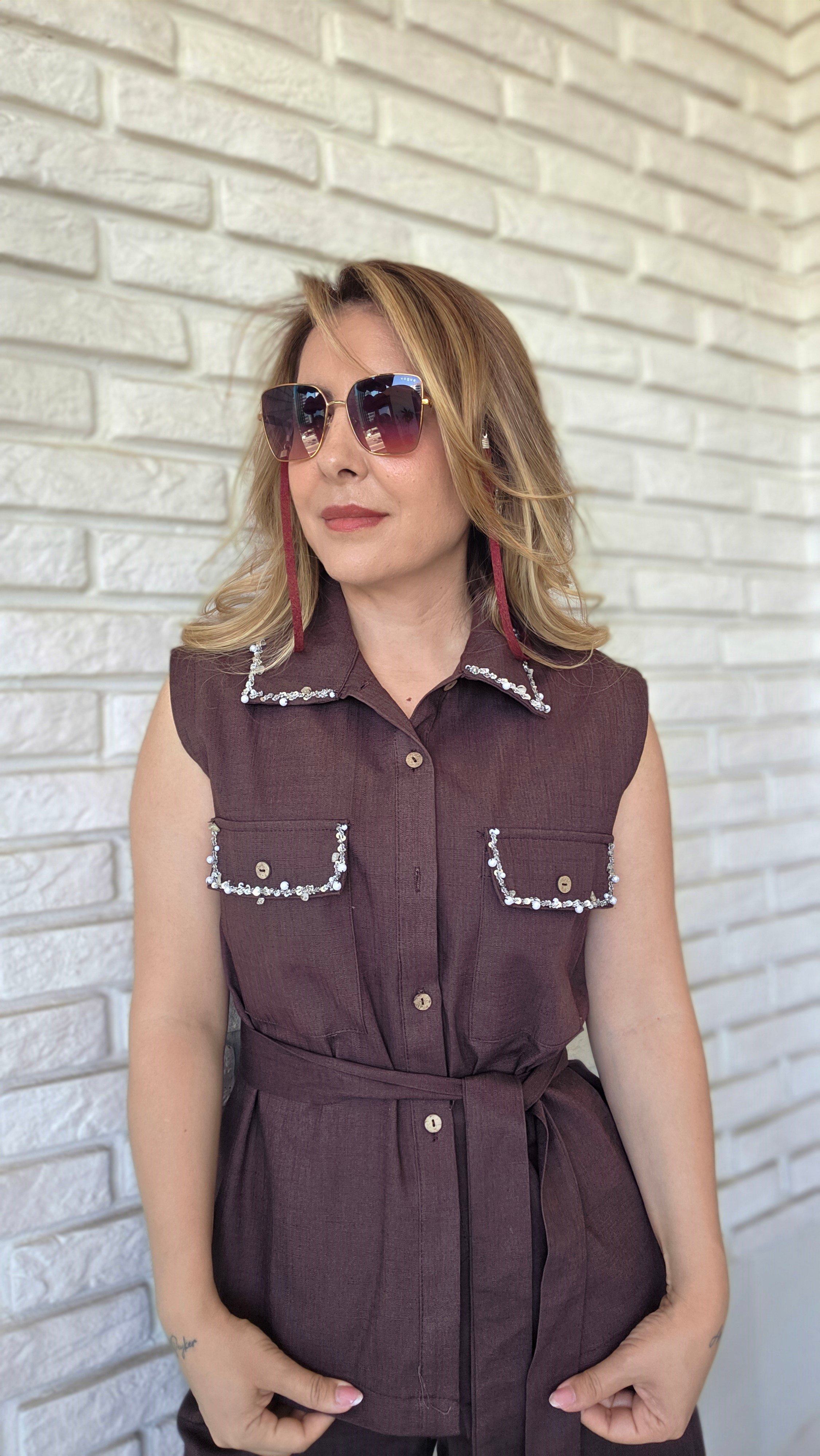 Kahve  Taşlı Keten Şort Takım