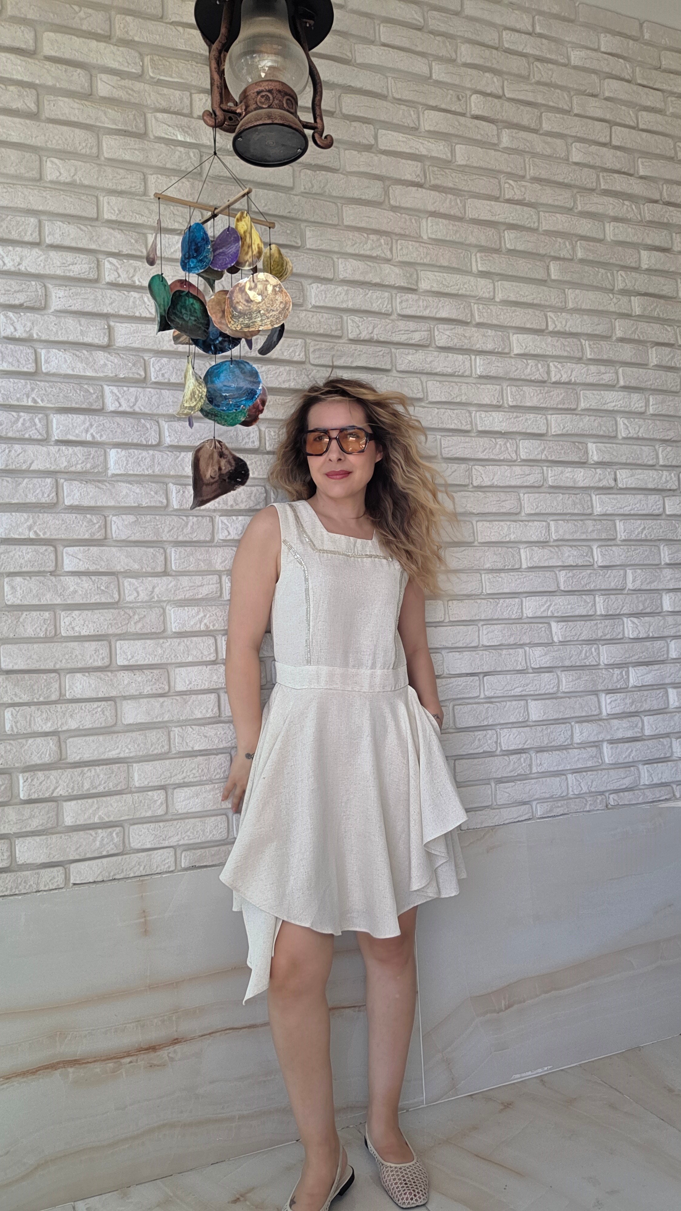 Keten Taş Detaylı  Mini Elbise