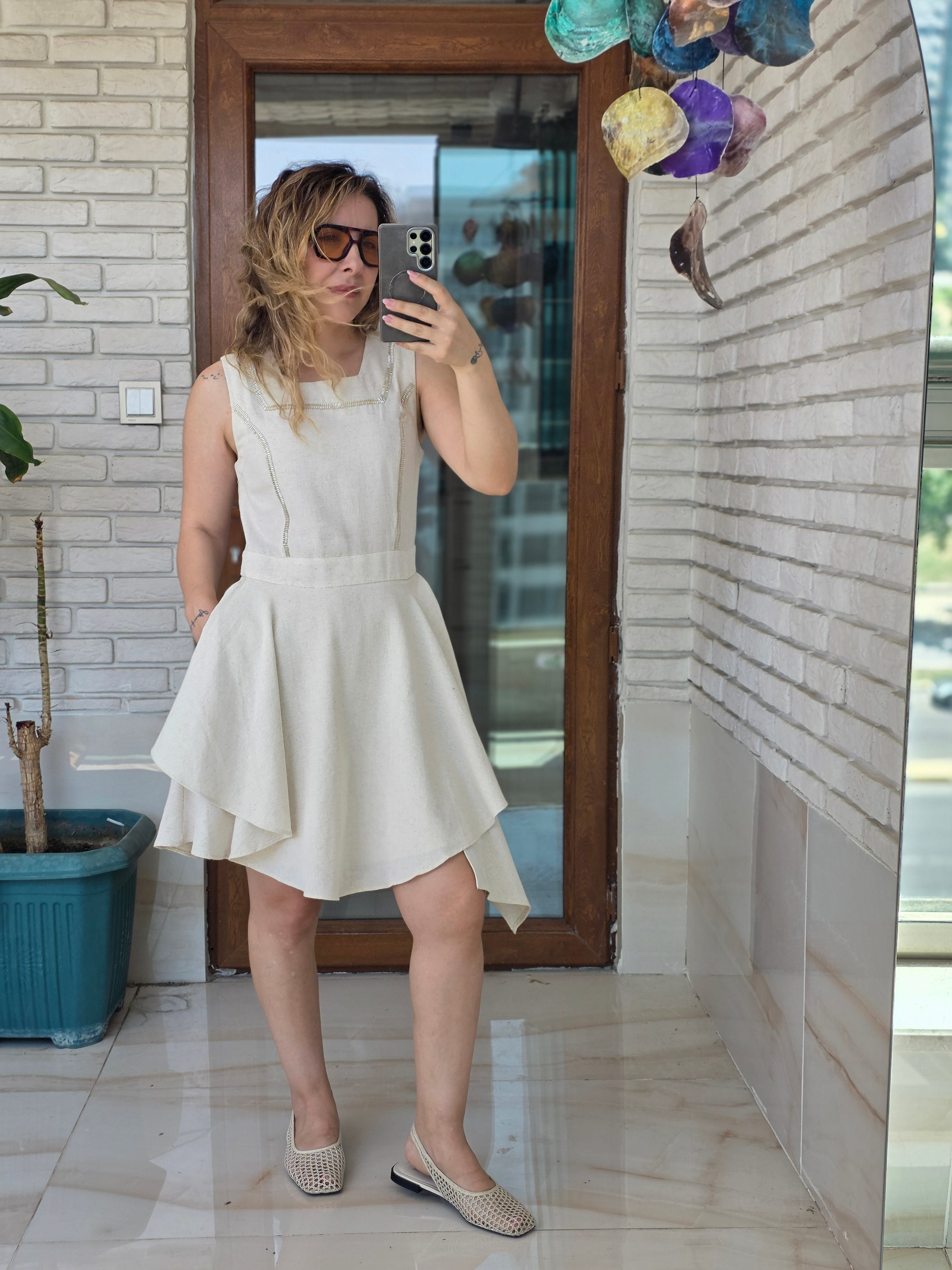 Keten Taş Detaylı  Mini Elbise