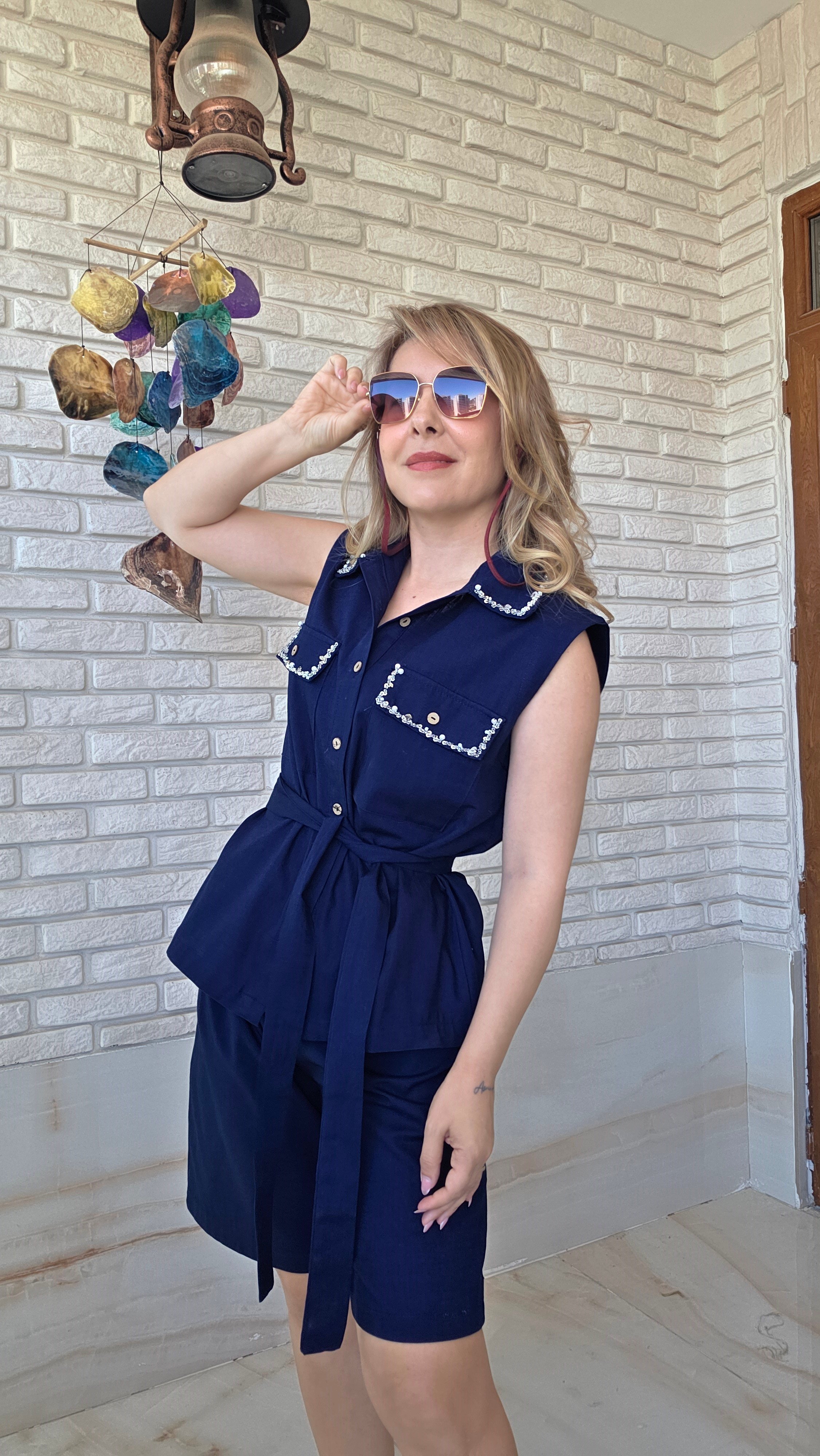 Laci Taşlı Keten Şort Takım