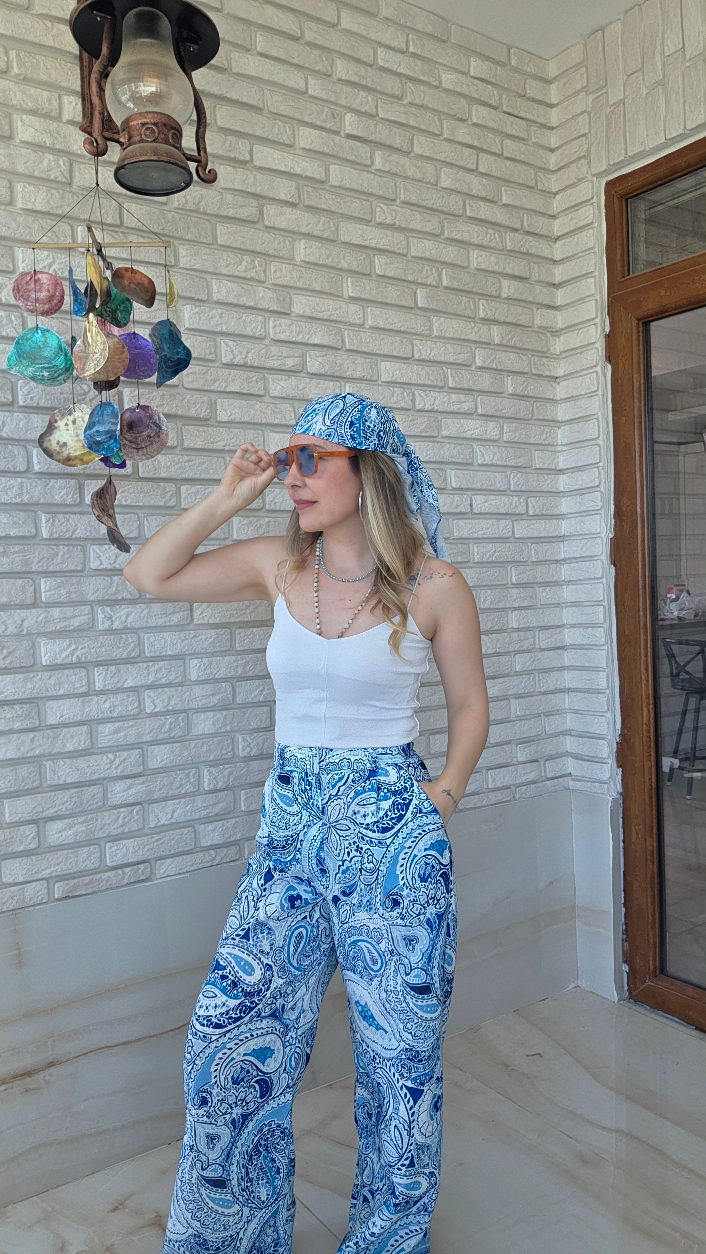 Şal Desenli Keten Pantolon