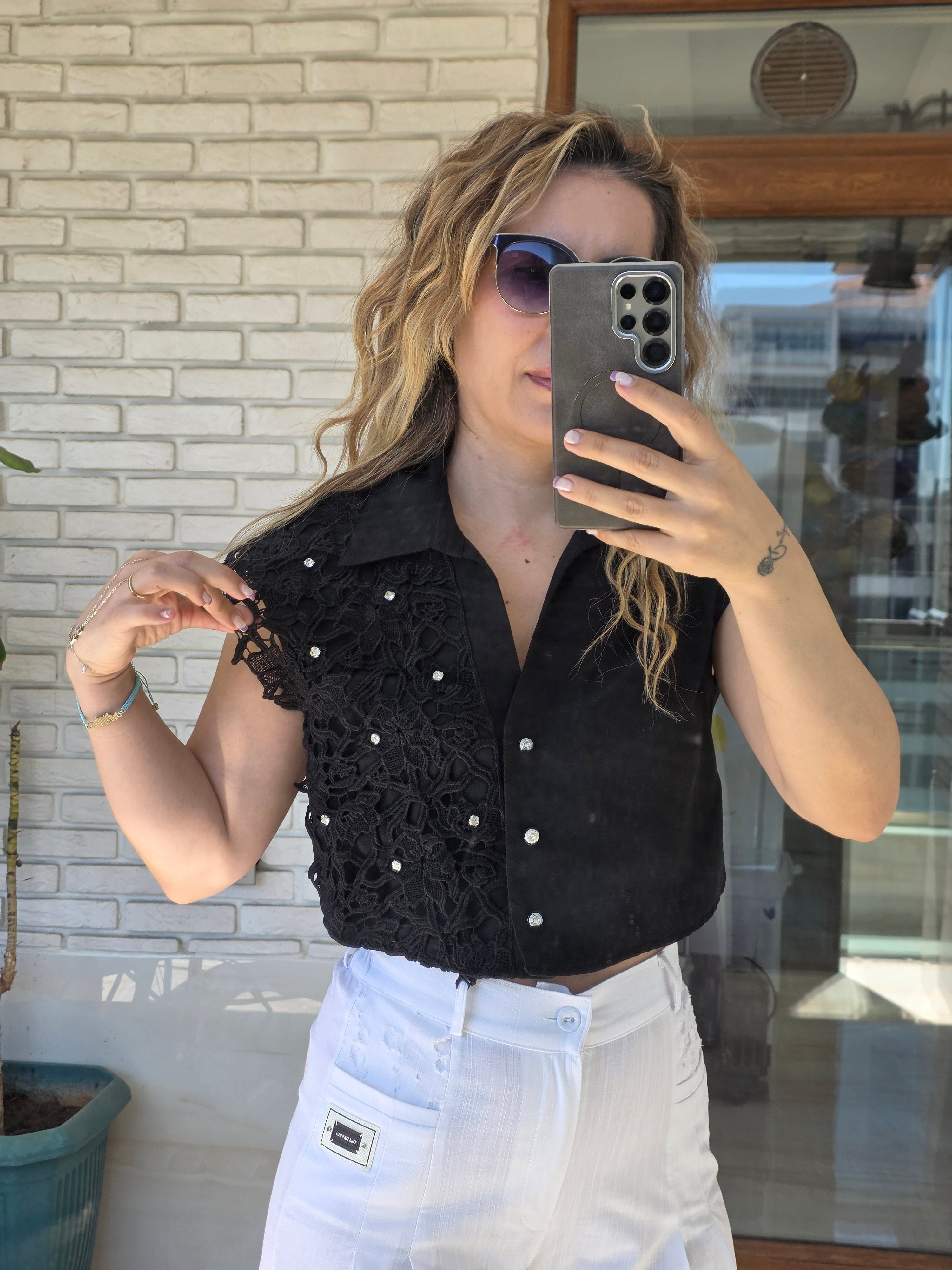 Siyah Crop Taşlı Gömlek