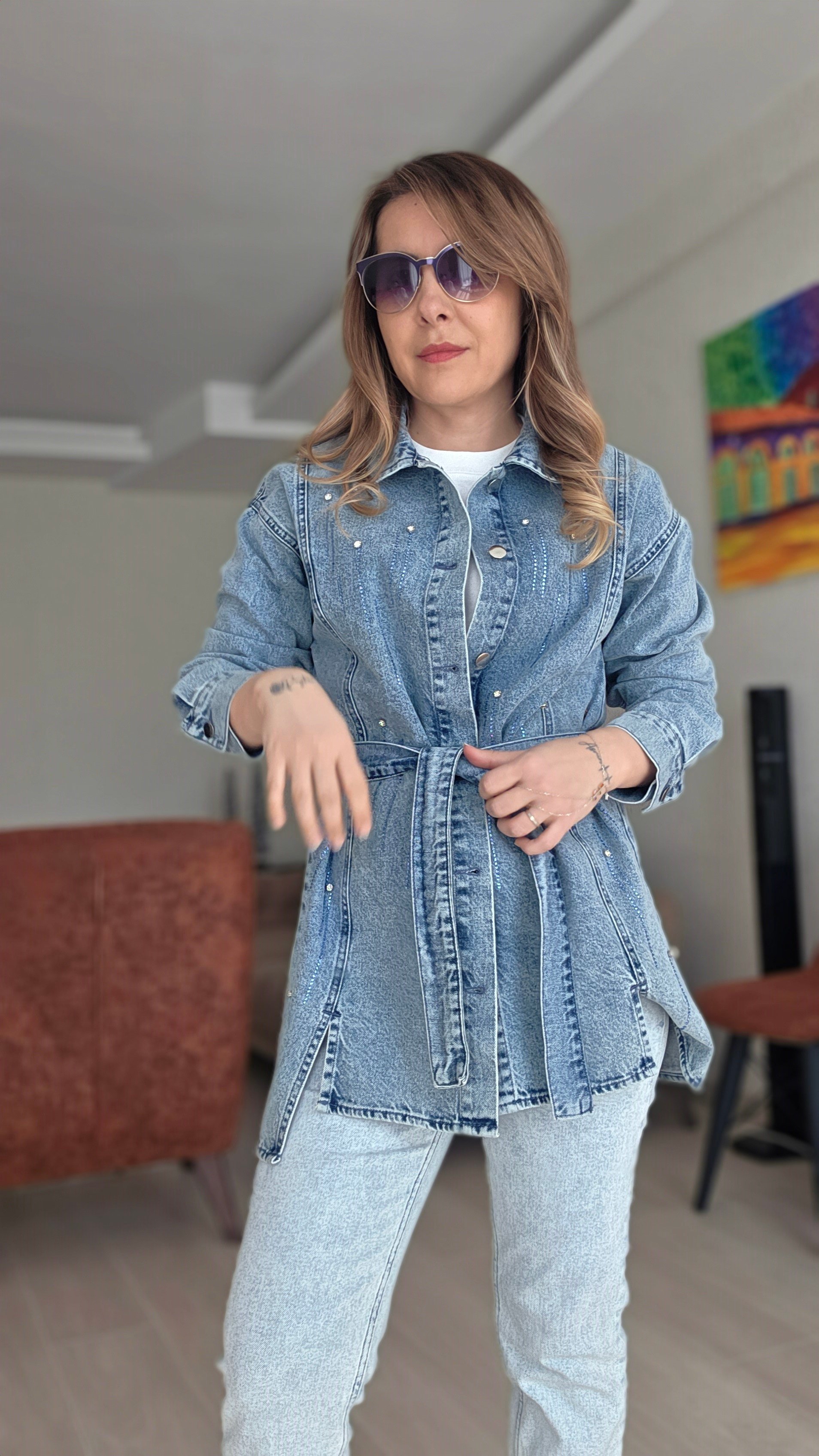Taşlı Uzun Kot Ceket