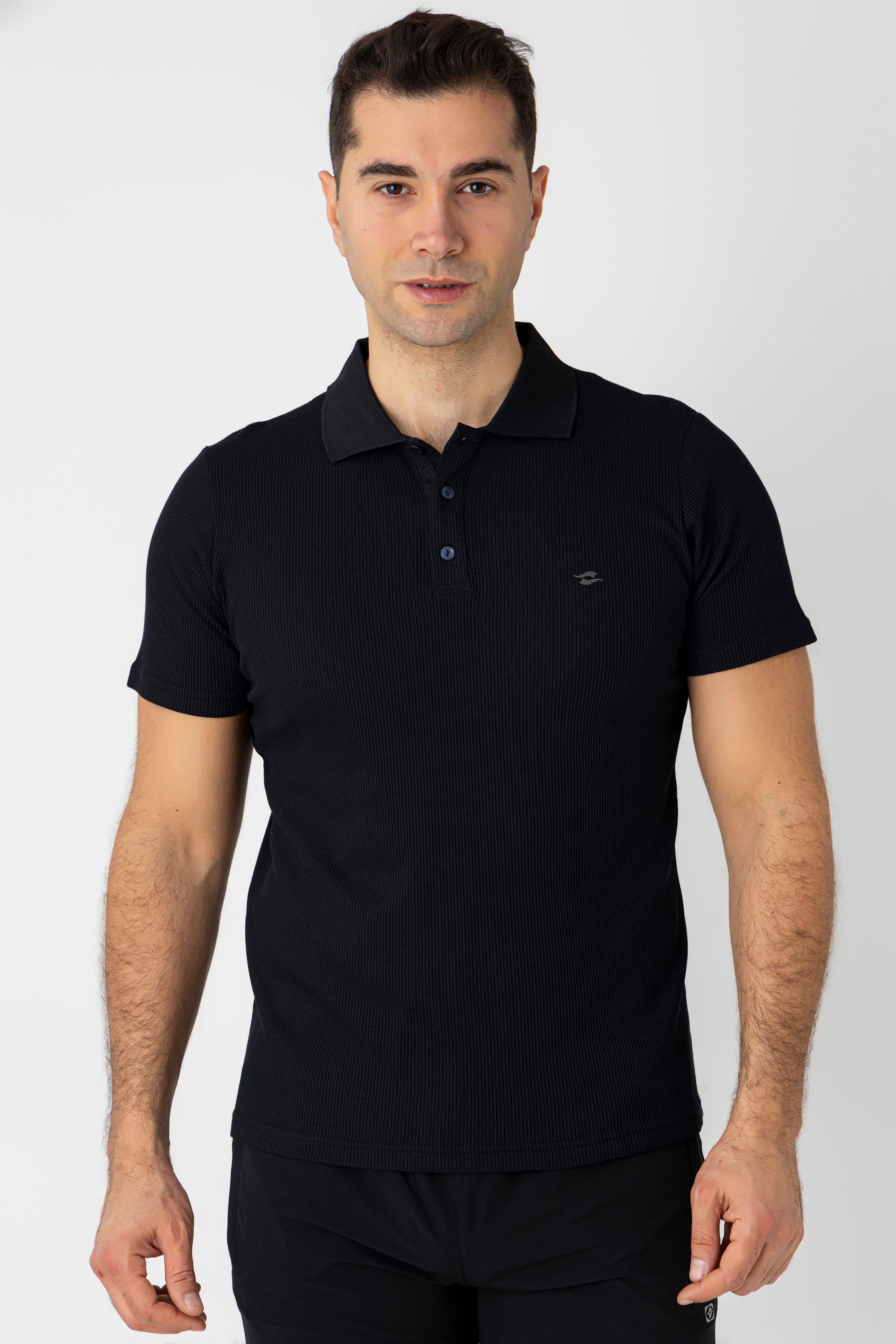 CROZWİSE PAMUK PİKE WAFFLE POLO YAKA T.SHİRT SİYAH