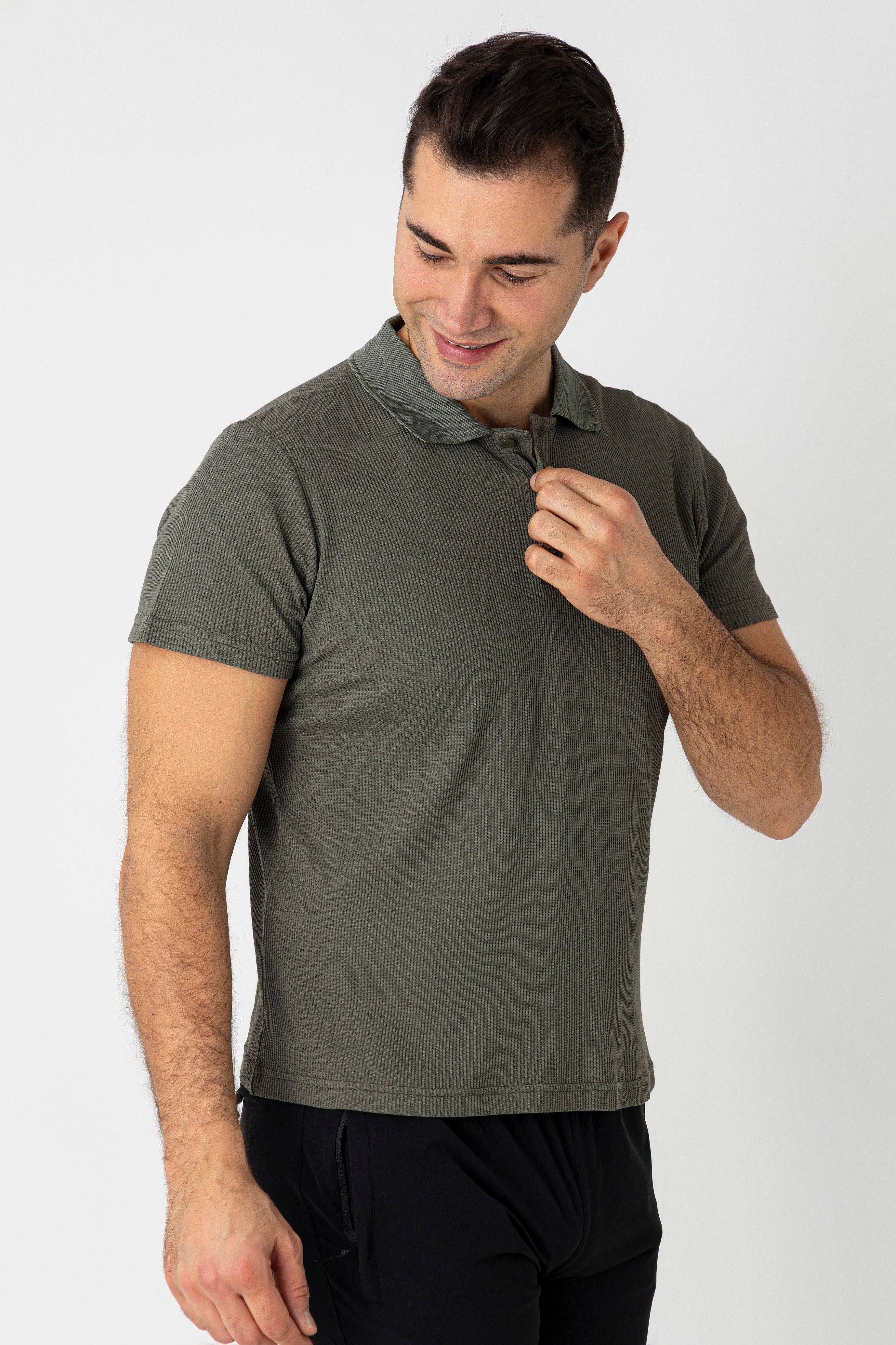 CROZWİSE PAMUK PİKE WAFFLE POLO YAKA T.SHİRT KAHVE/HAKİ