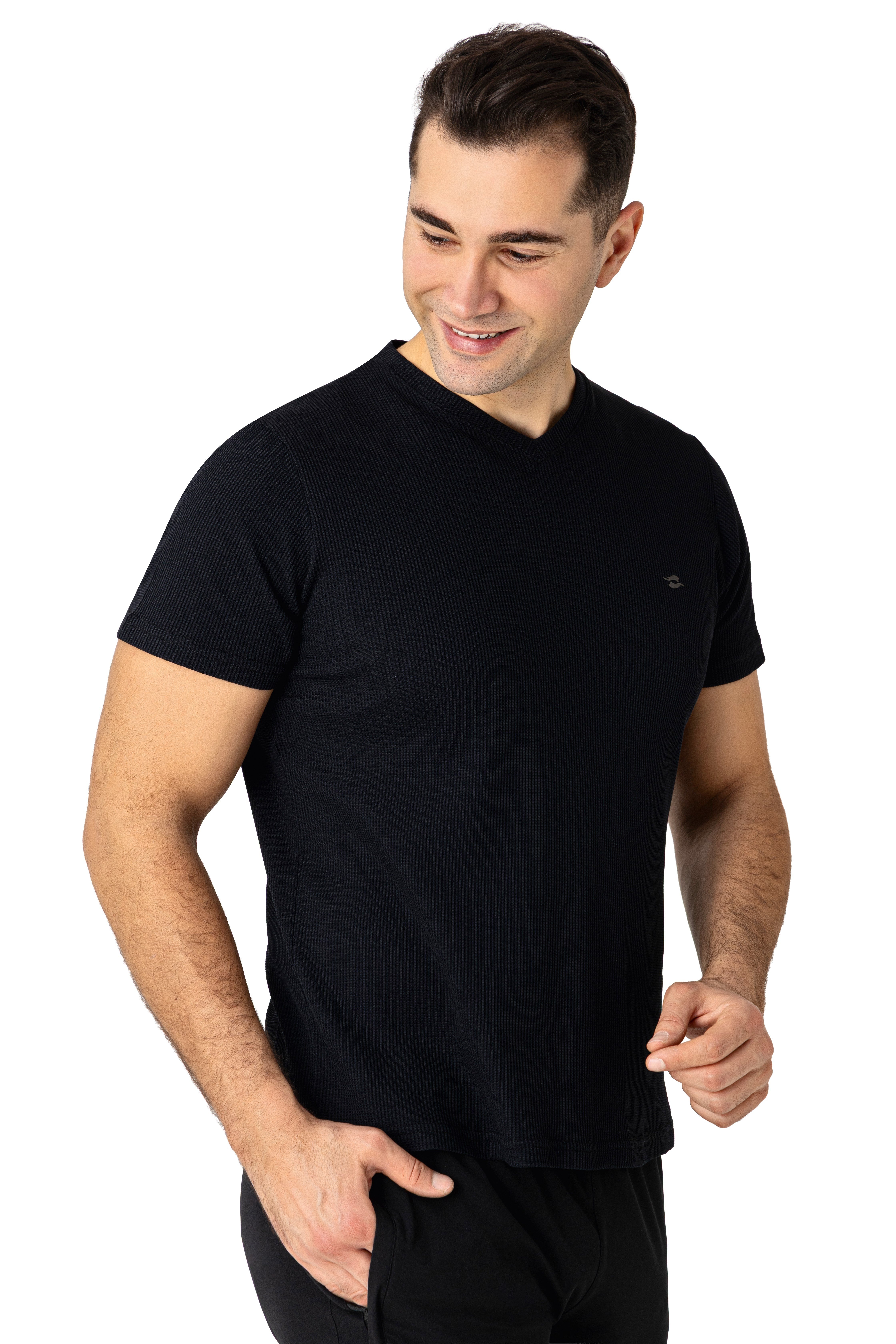 CROZWİSE PAMUKLU WAFFLE V YAKA T.SHİRT SİYAH