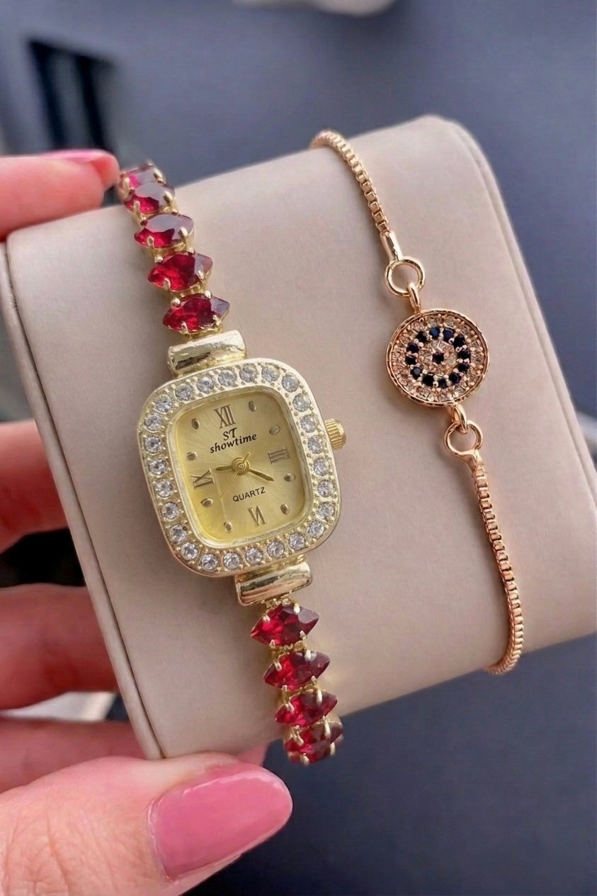 SHOWTIME SWAROSKİ KARE MODEL | GOLD-KIRMIZI ST424