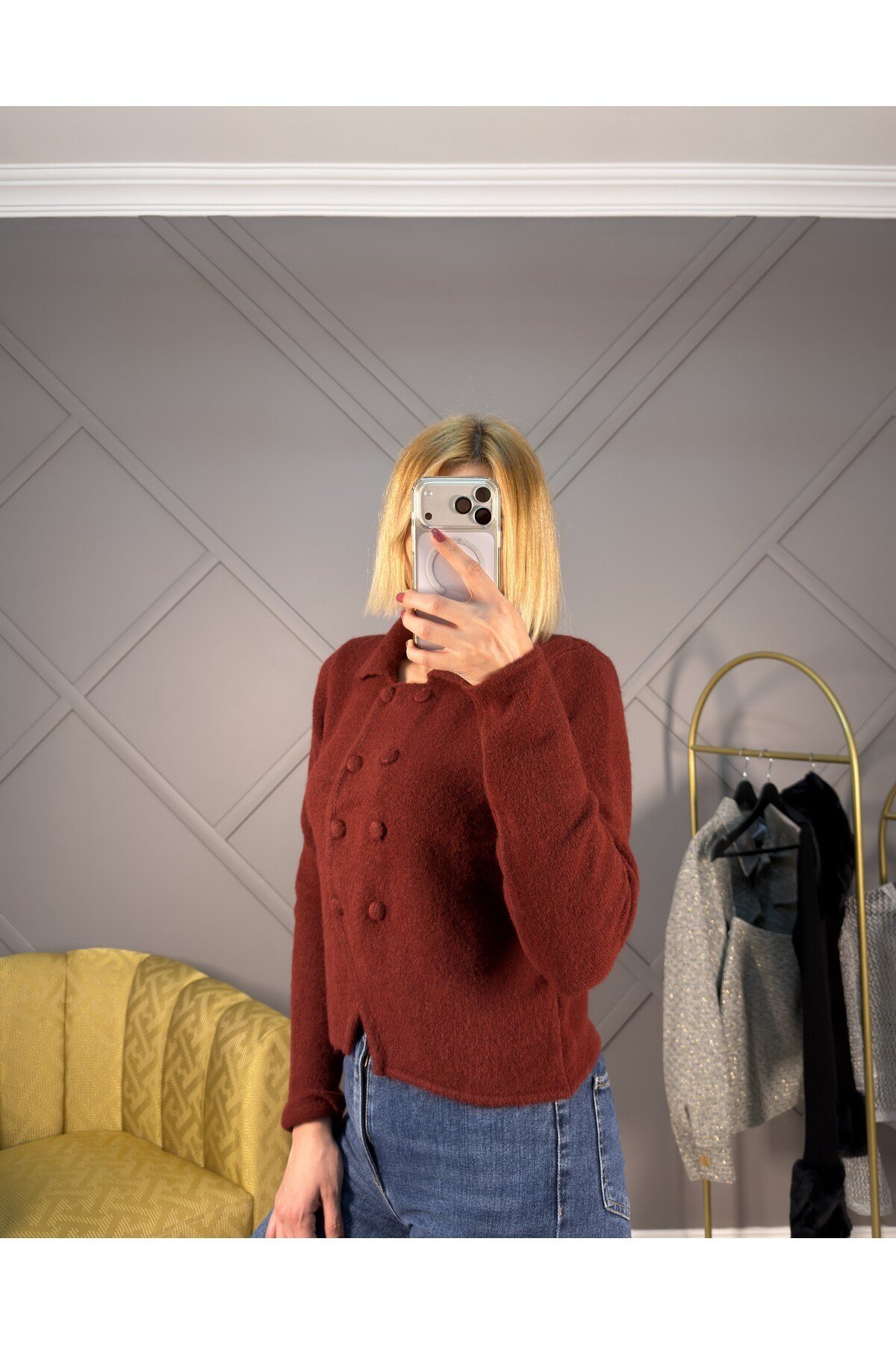 Bordo Cool Düğme Şık Polo Yaka Triko Hırka