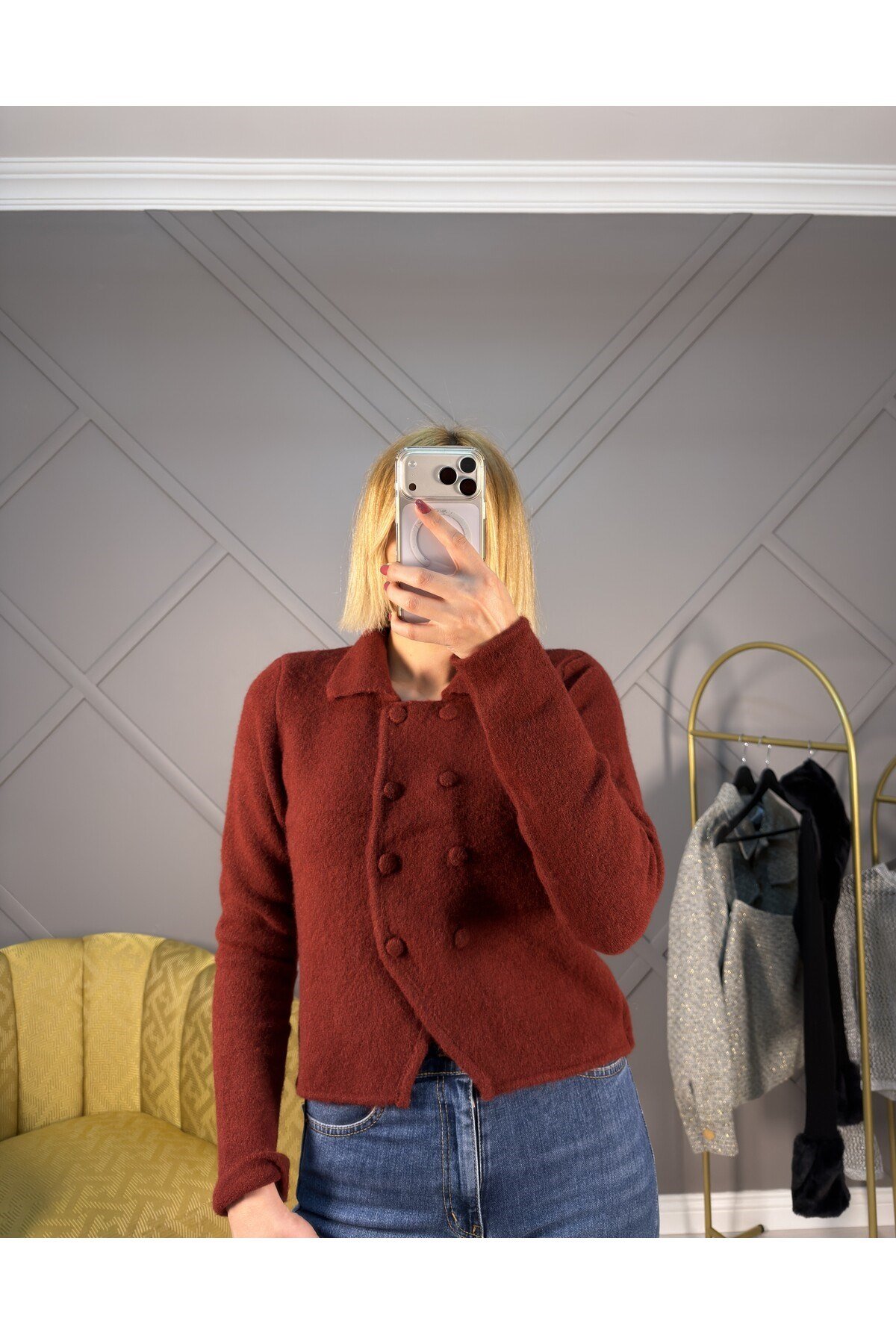 Bordo Cool Düğme Şık Polo Yaka Triko Hırka