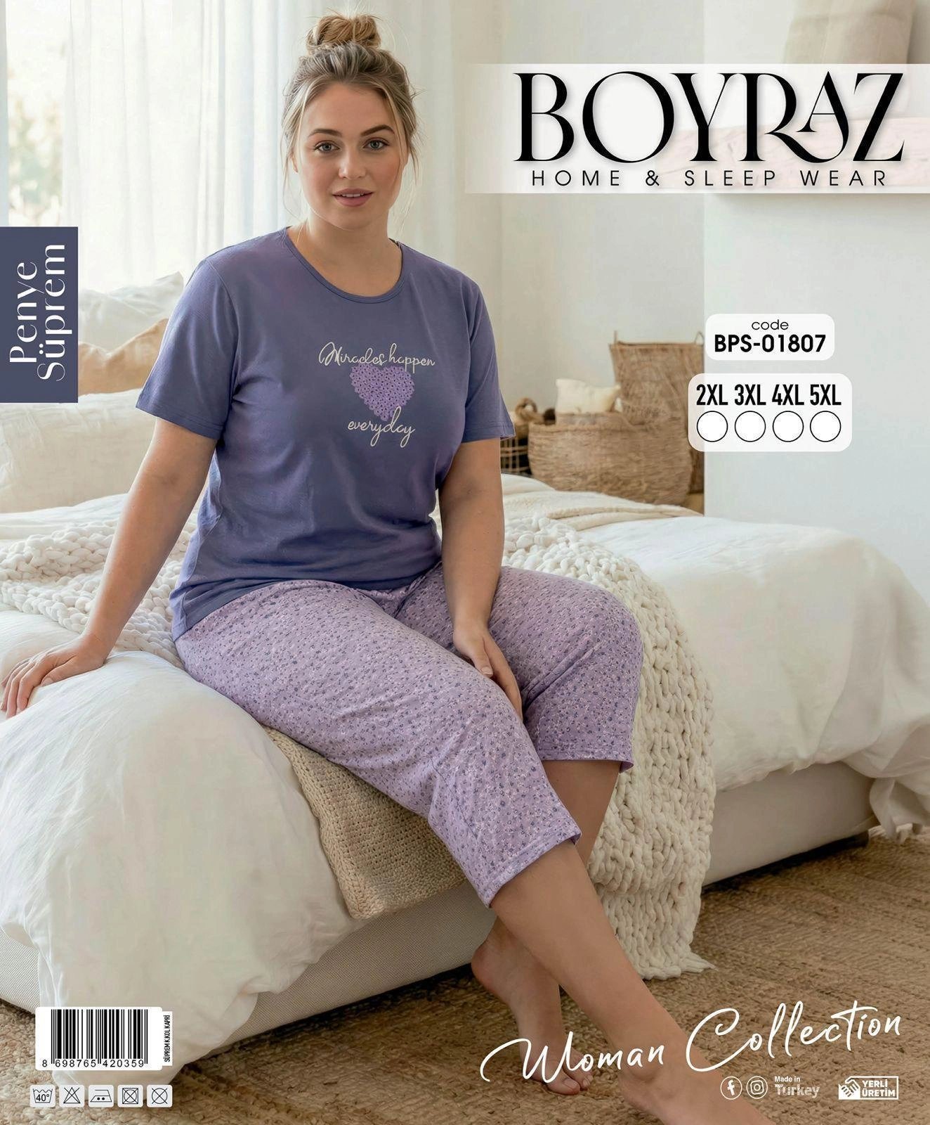 Boyraz BPS-01807 Kadın Battal Kısa Kol Kapri Takım