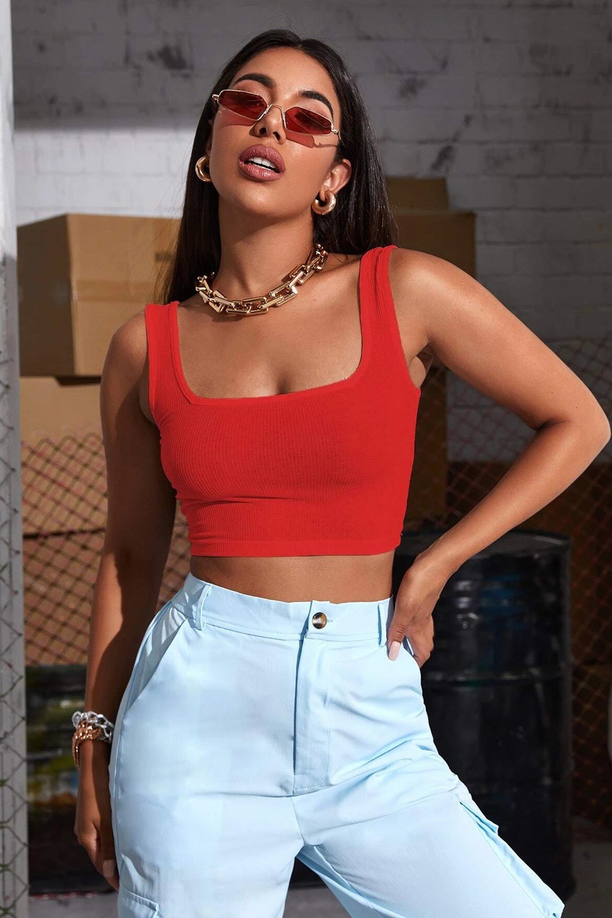 Kadın Kırmızı Kalın Askılı Crop Top Büstiyer