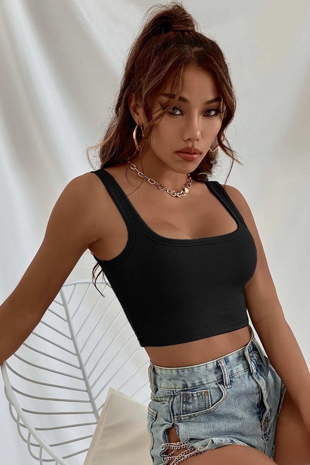 Kadın Siyah Kalın Askılı Crop Top Büstiyer