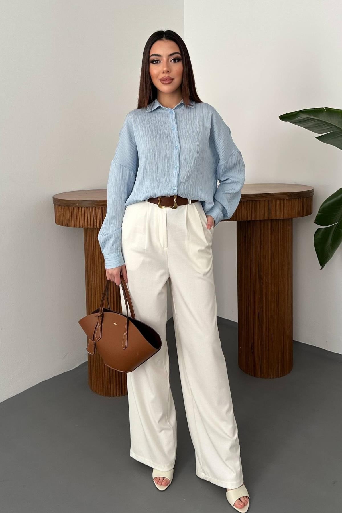 Toptan Bebe Mavi Nakışlı Oversize Gömlek