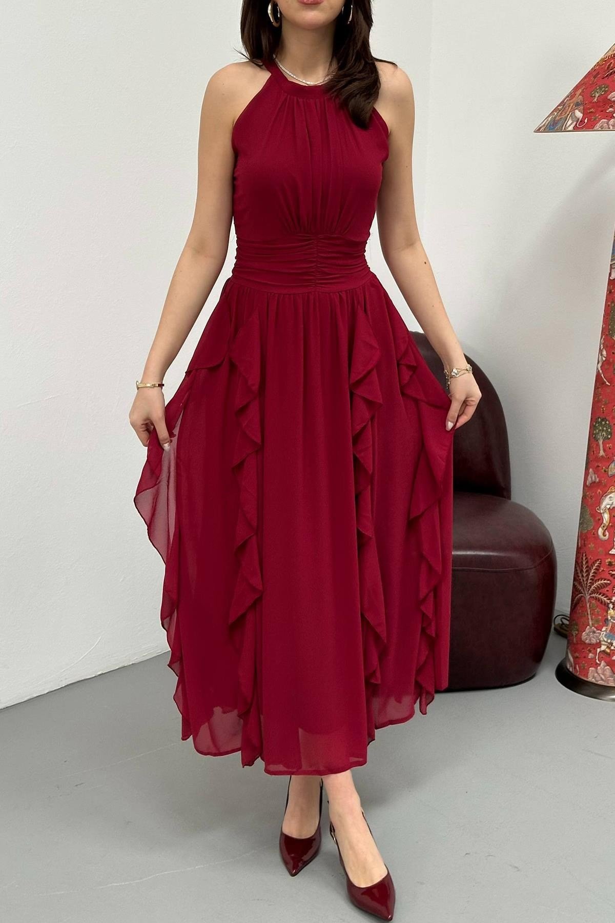 Toptan Bordo Önü Büzgülü Fırfırlı Elbise