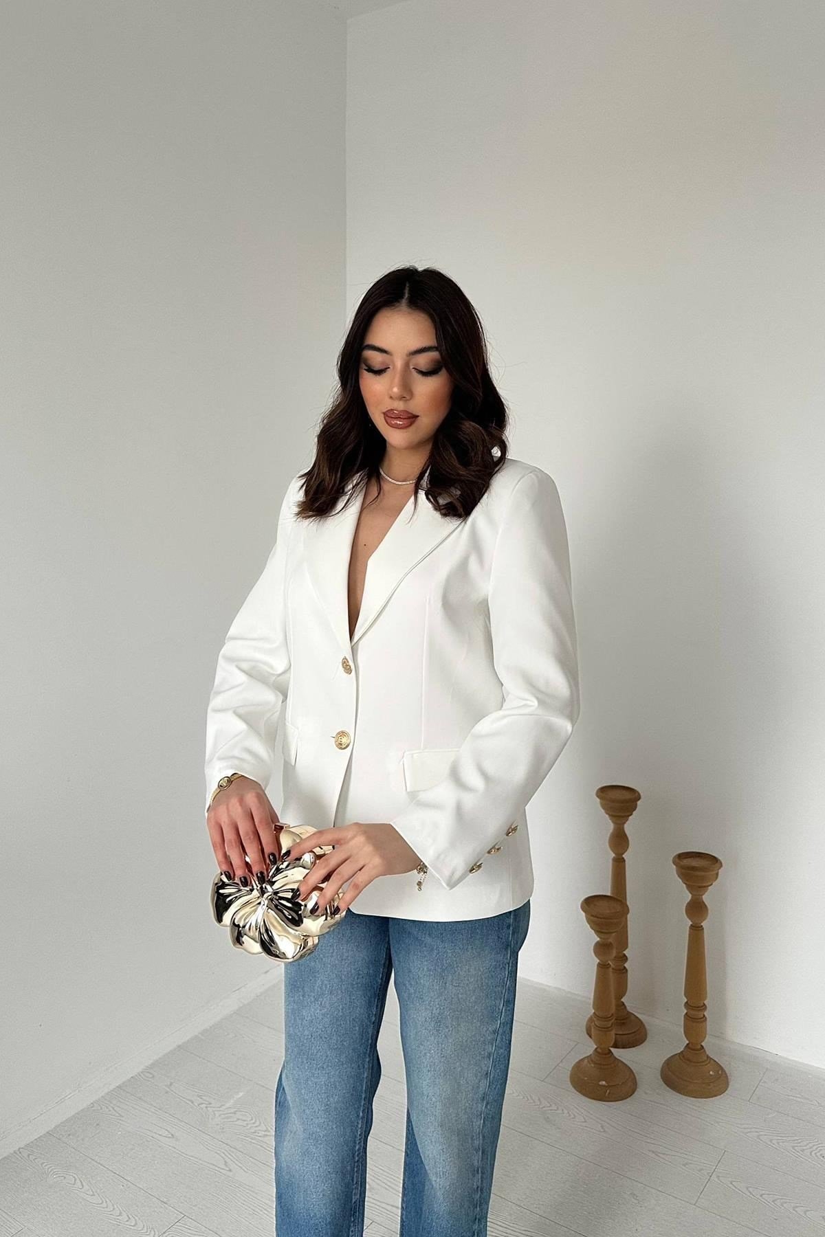 Toptan Ekru Gold Düğmeli Blazer Ceket
