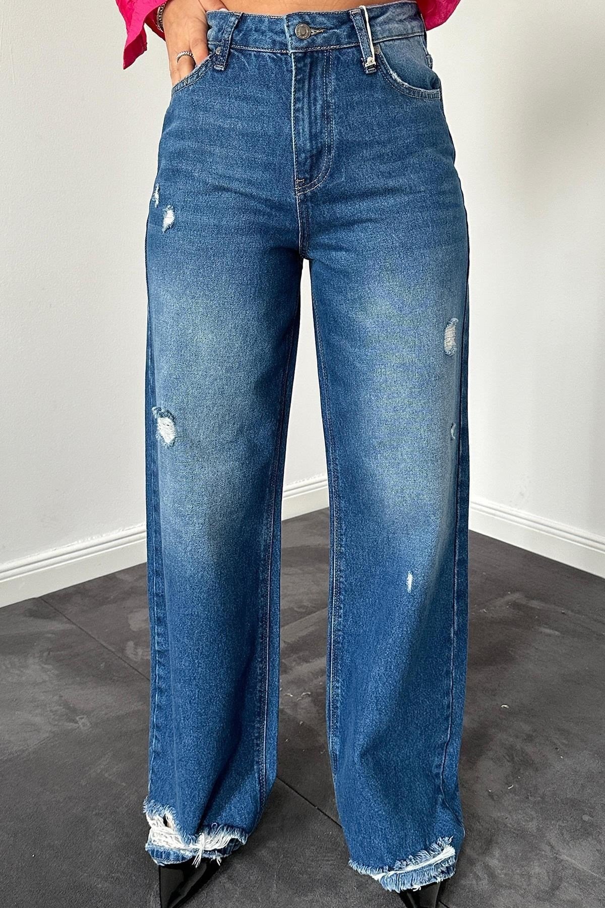 Toptan Mavi Palazzo Lazerli Jeans Pantolon