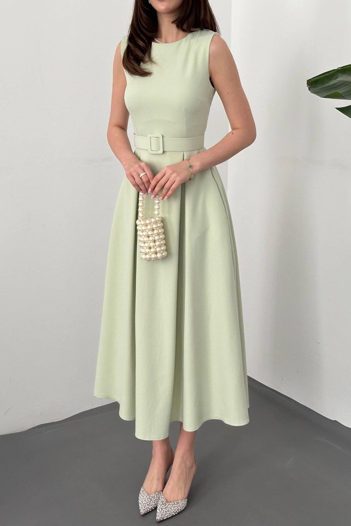 Toptan Mint Halter Yaka Kloş Elbise