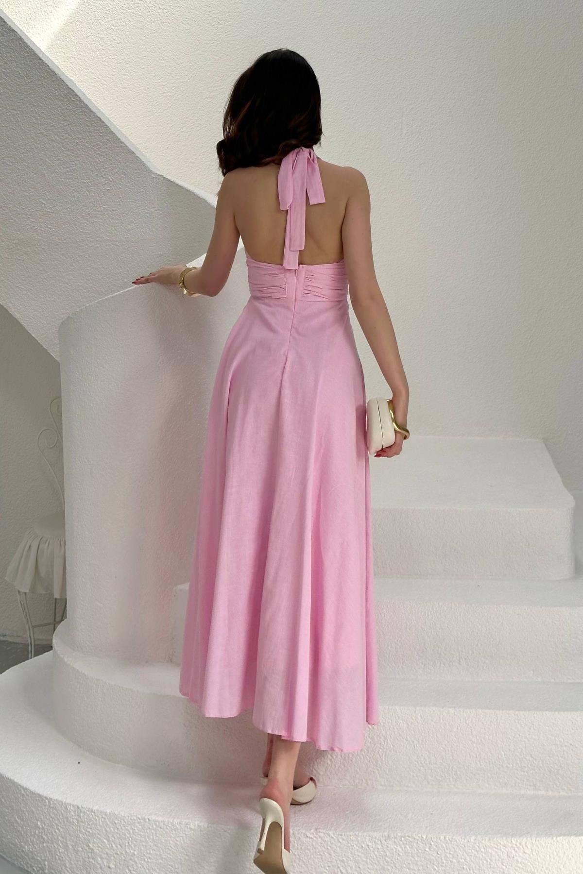 Toptan Pembe Askılı Keten Elbise