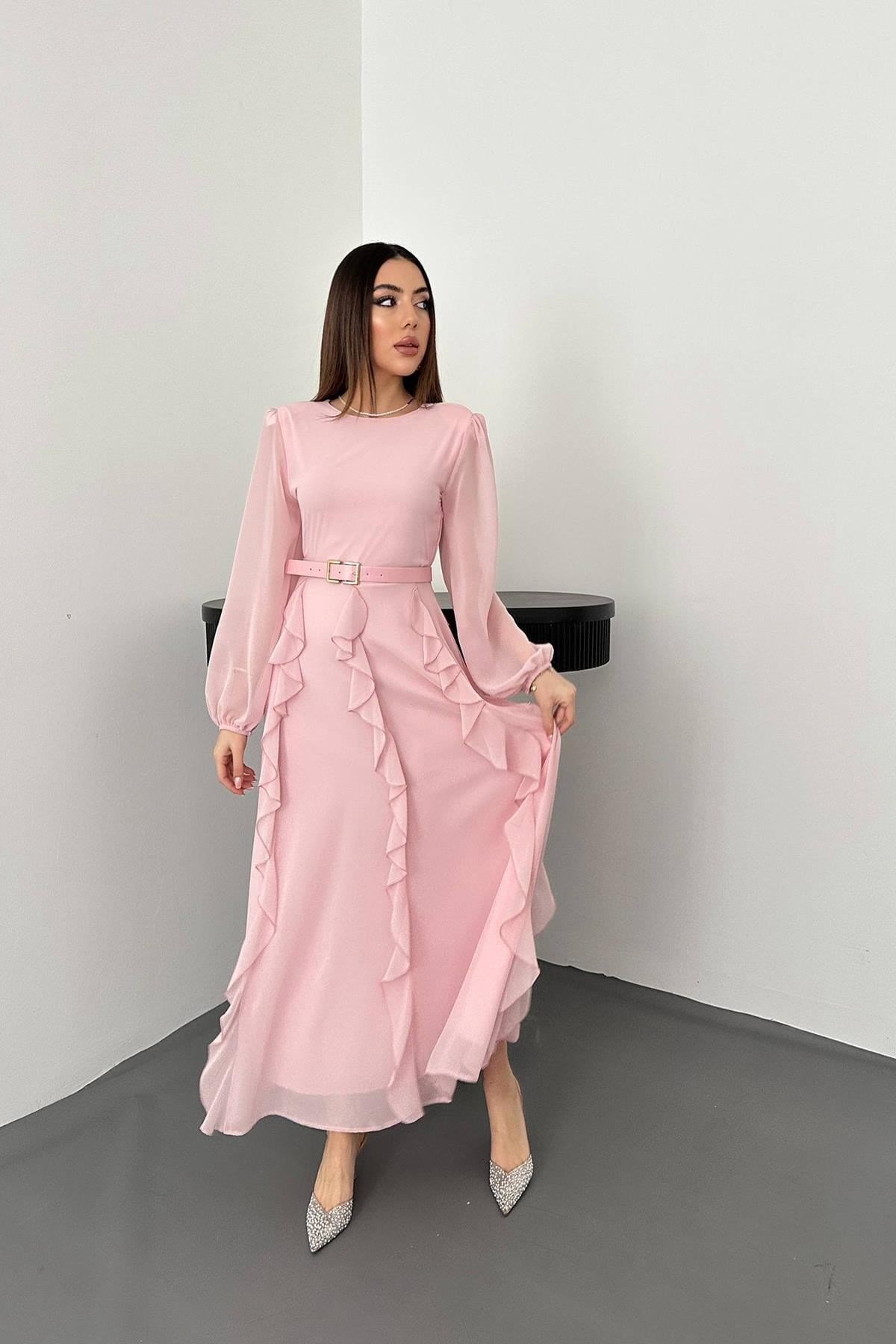 Toptan Pembe Kemerli Şifon Elbise