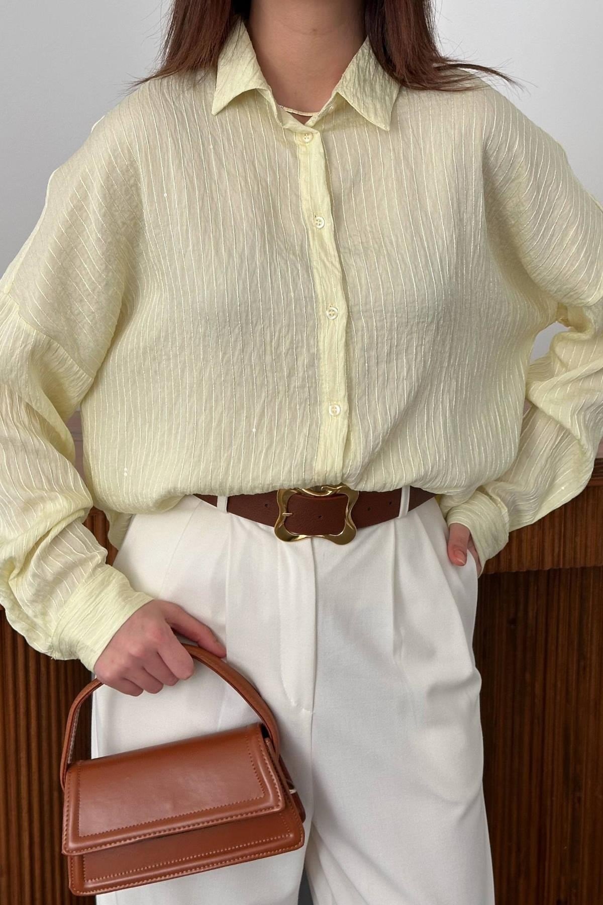 Toptan Sarı Nakışlı Oversize Gömlek
