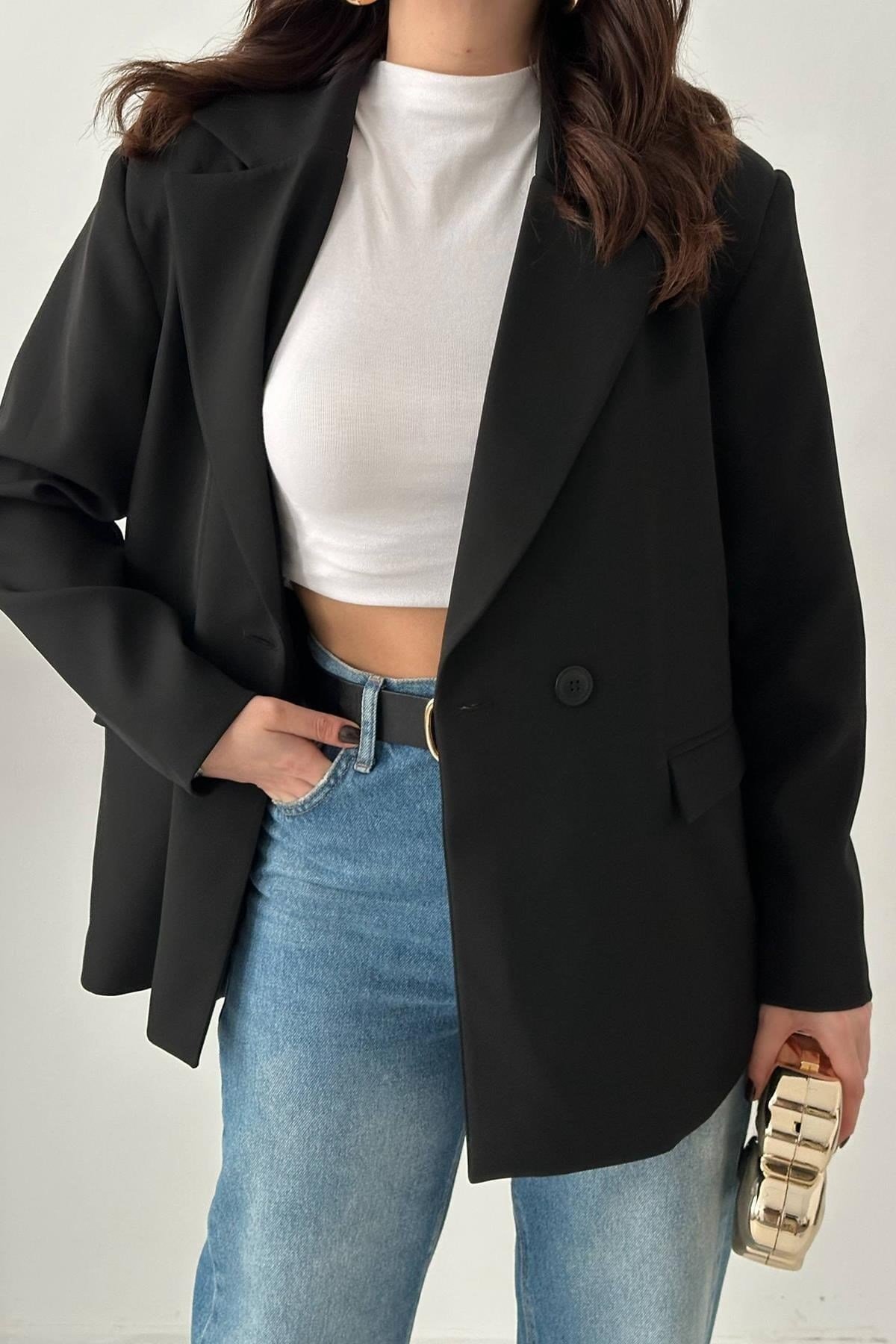Toptan Siyah 2 Düğmeli Blazer Ceket