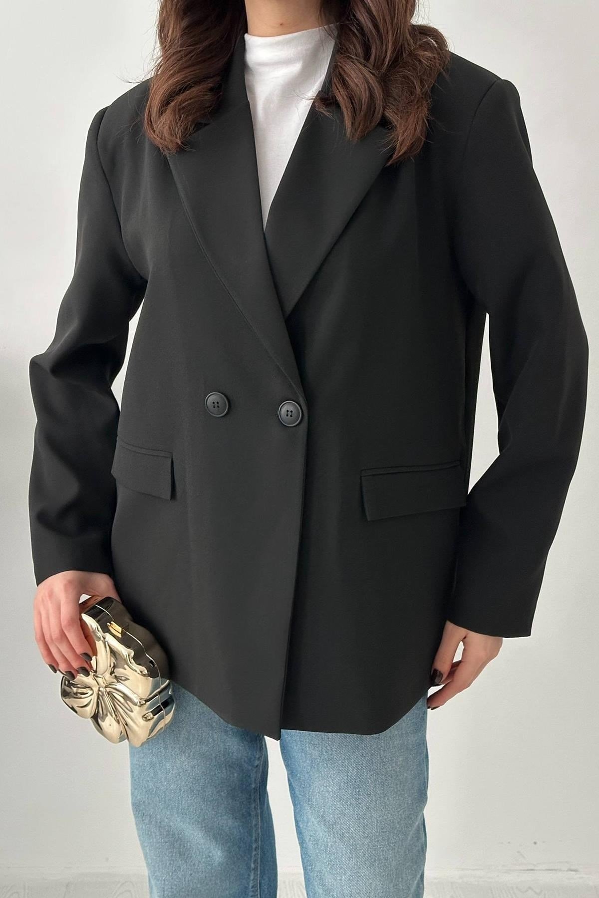 Toptan Siyah 2 Düğmeli Blazer Ceket