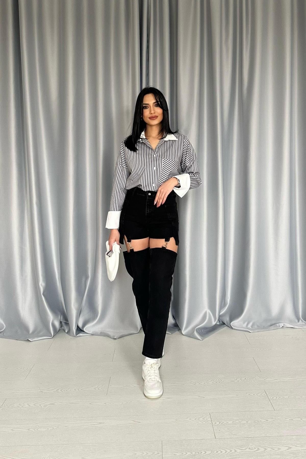 Toptan Siyah Askılı İki Parça Jeans Pantolon
