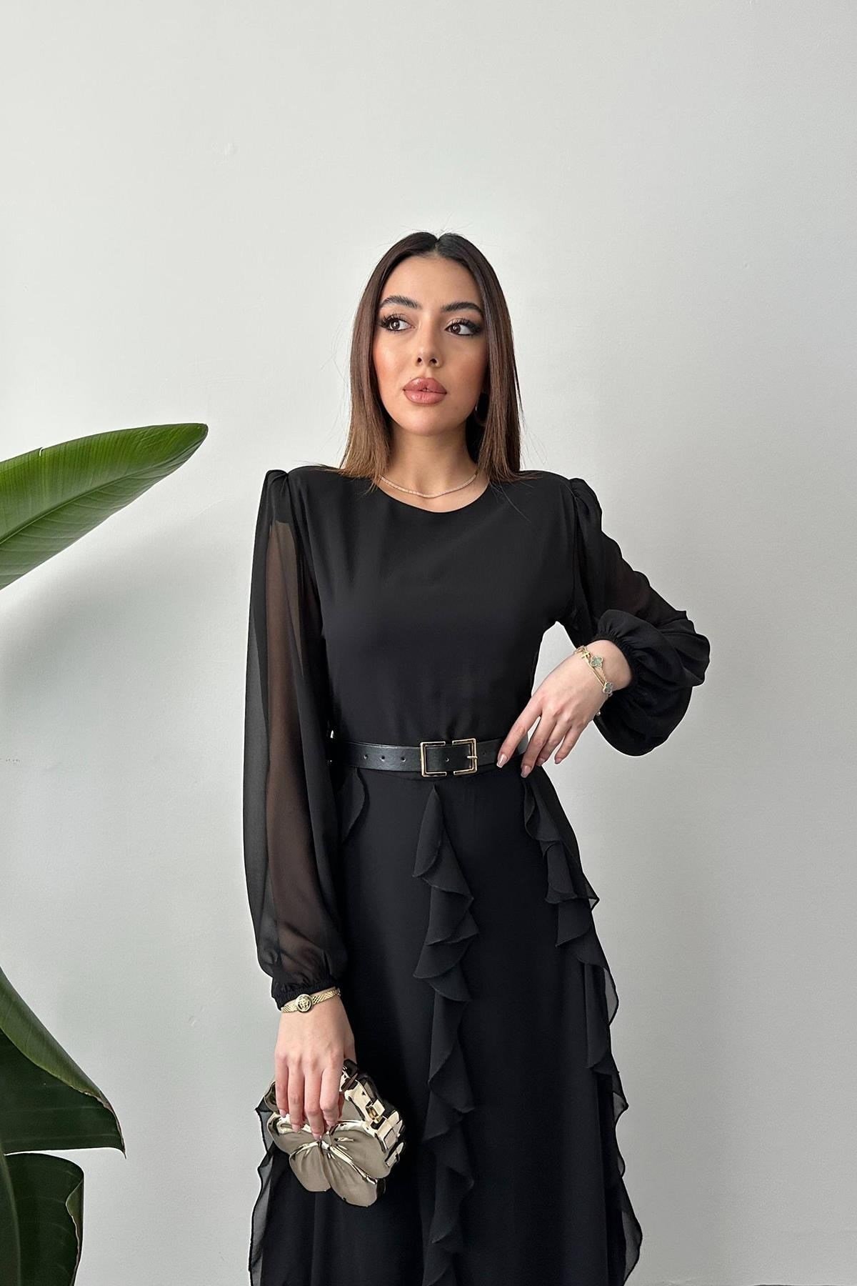 Toptan Siyah Kemerli Şifon Elbise