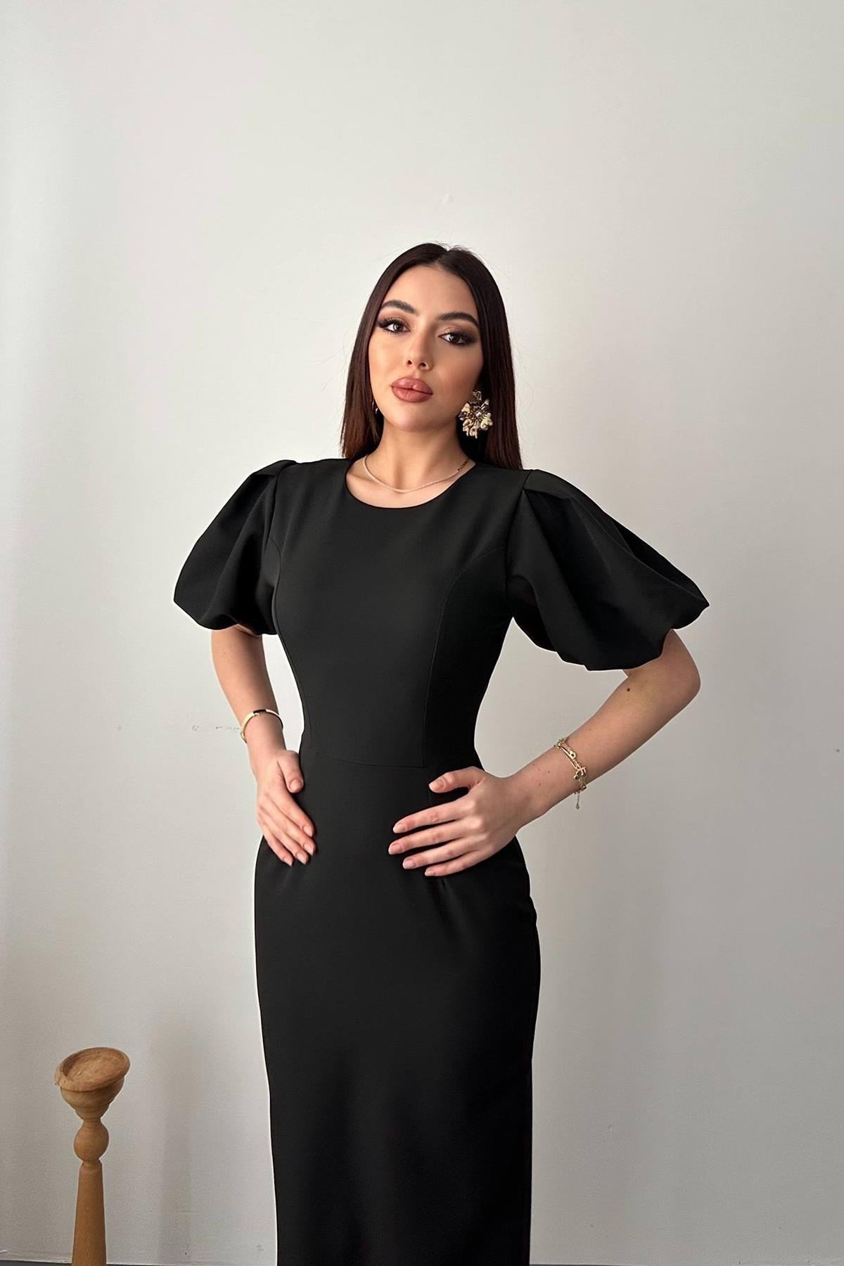 Toptan Siyah Kolları Balon Elbise