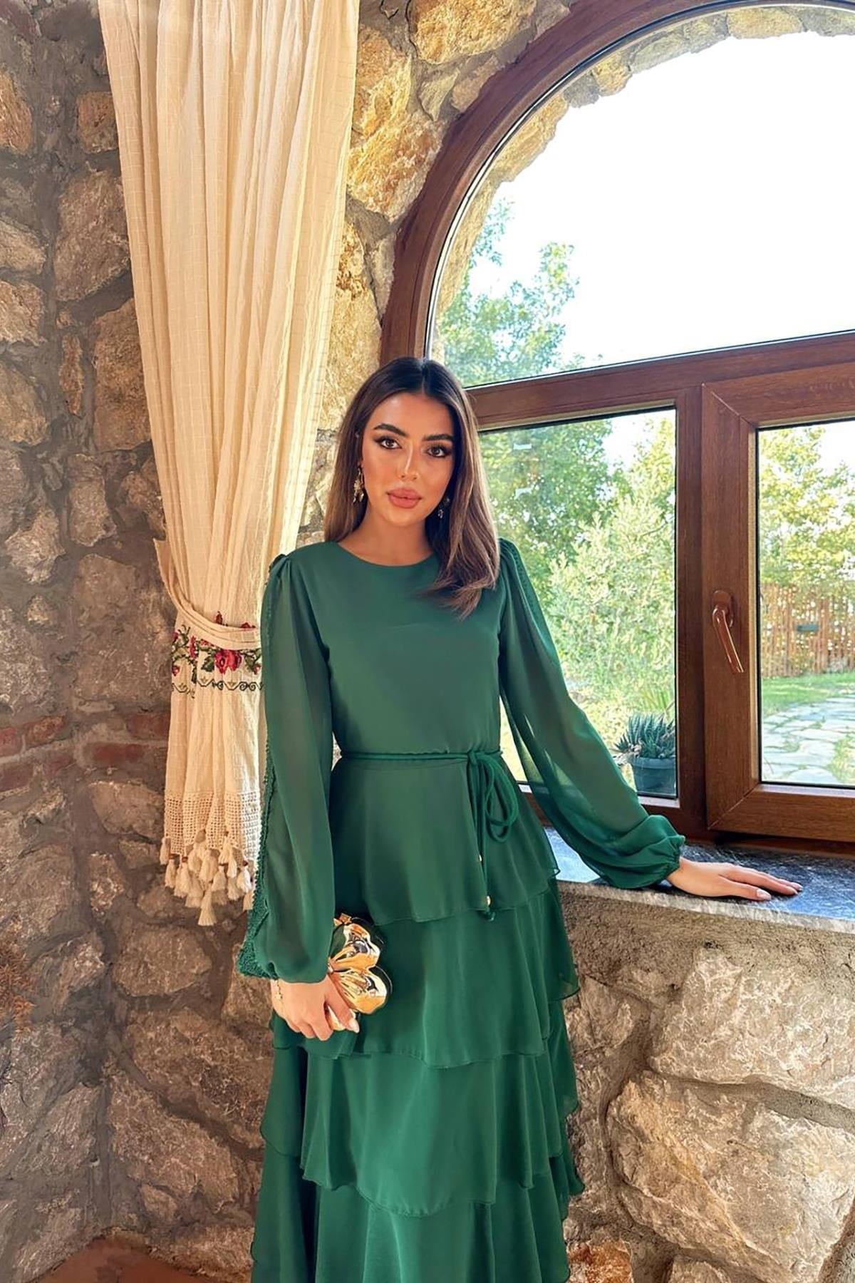 Toptan Zümrüt Kat Kat Şifon Elbise