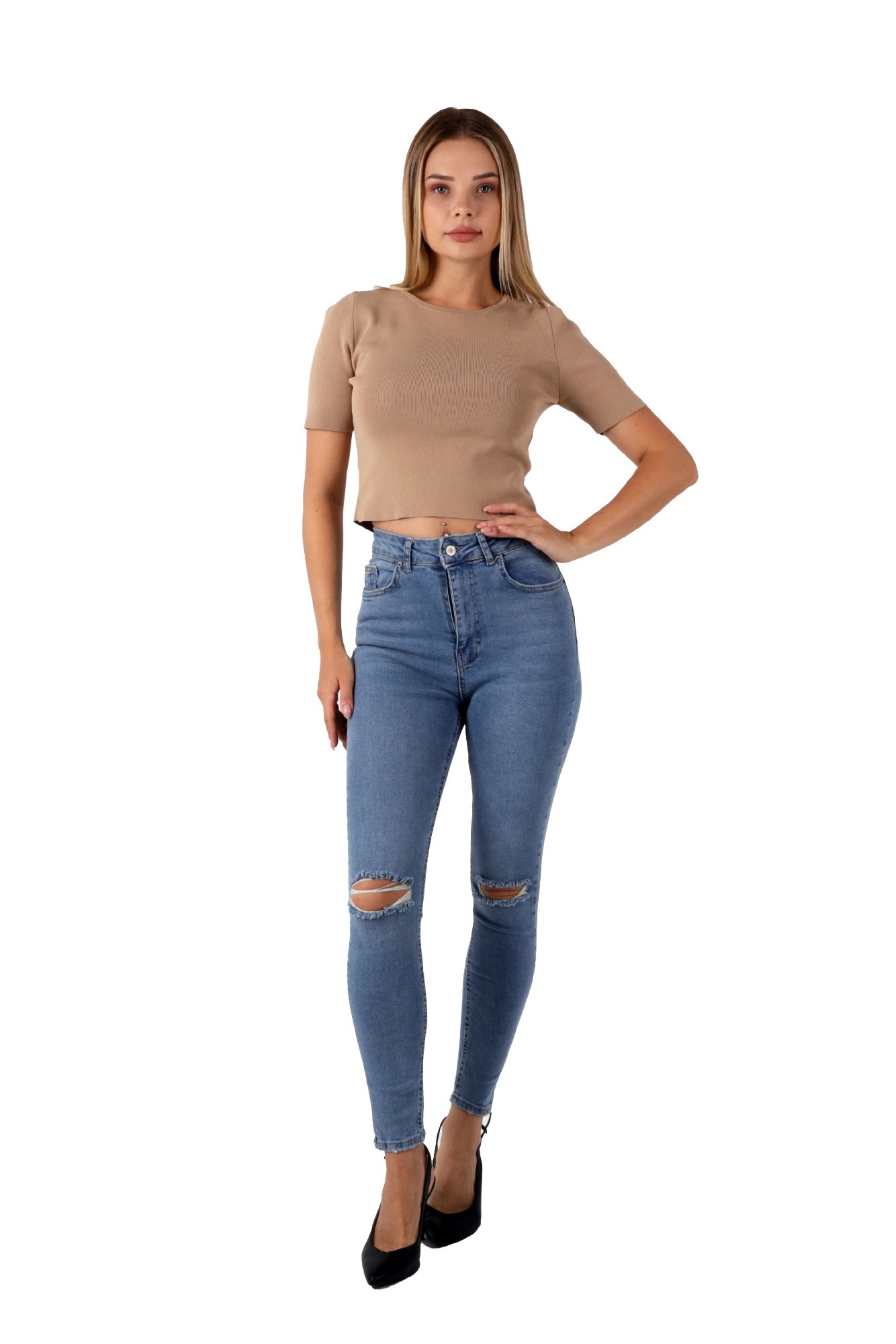 Mavi Renk Dar Paça Diz Yırtık Yüksek Bel Jeans