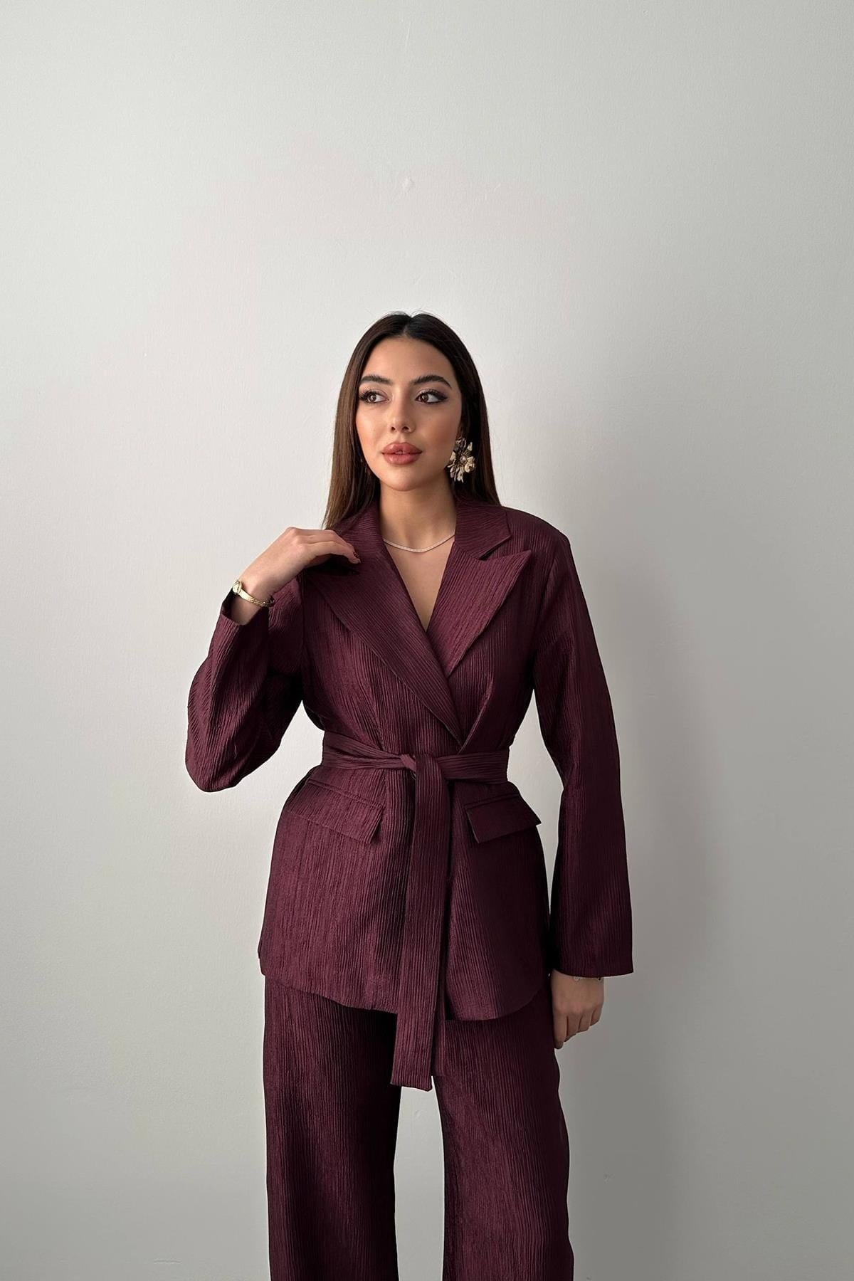 Mürdüm Parlak Beli Kuşaklı Takım