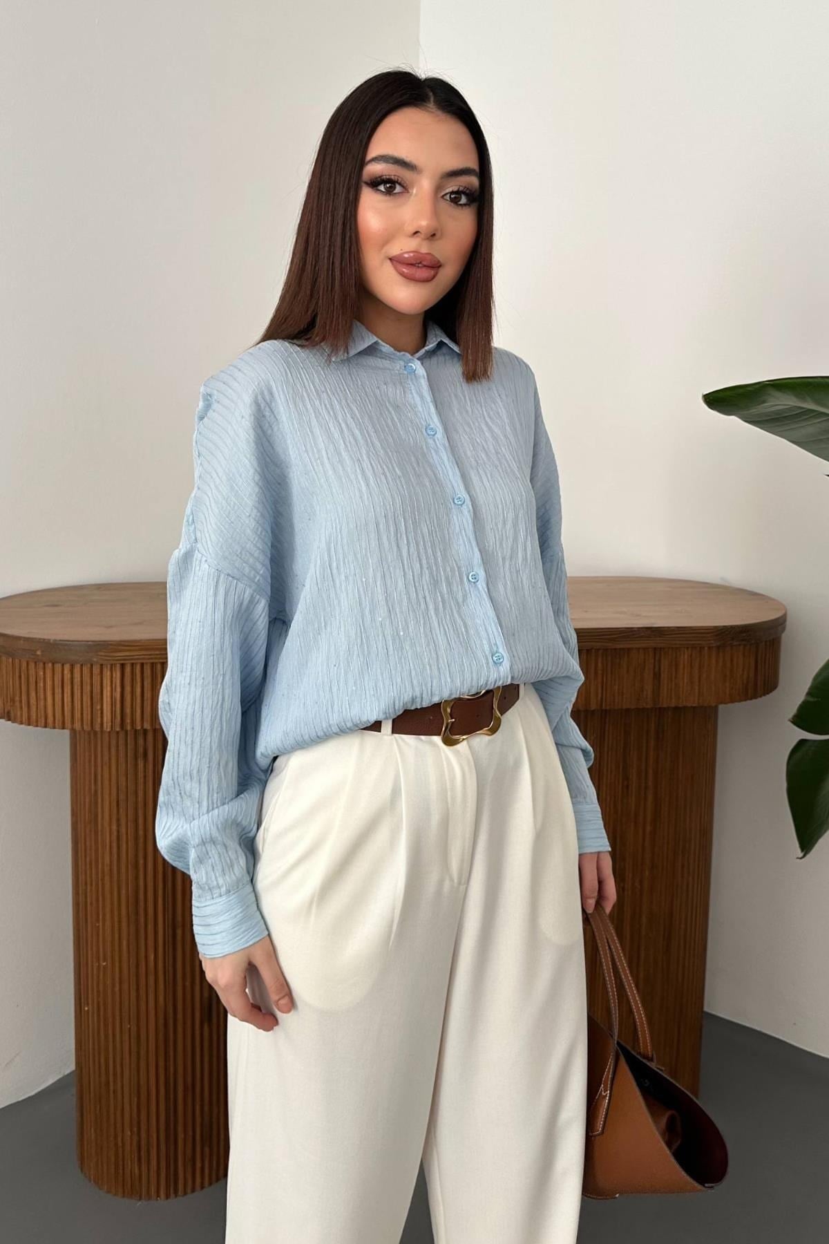 Toptan Bebe Mavi Nakışlı Oversize Gömlek