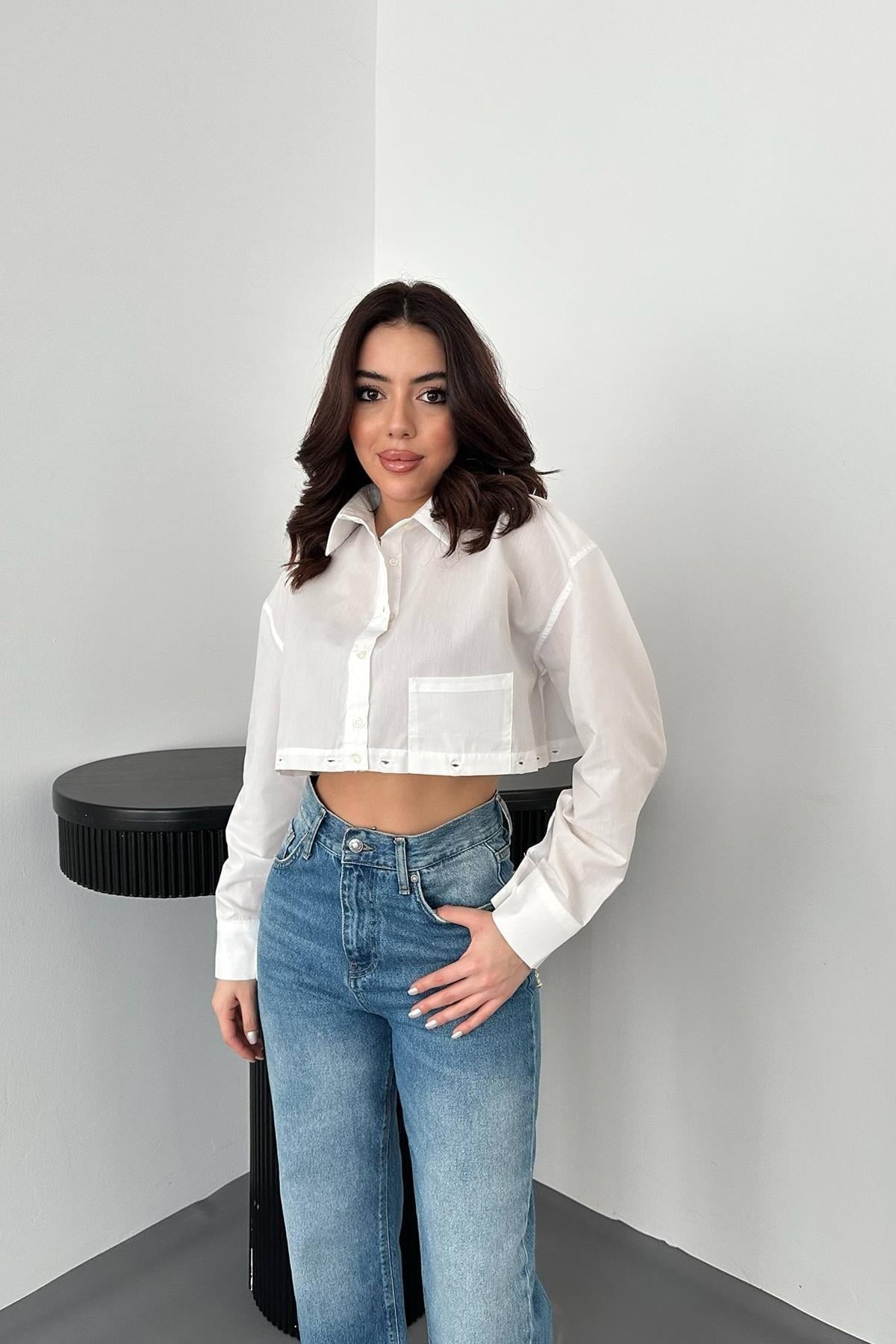 Toptan Beyaz Beli Ayrılabilen Poplin Gömlek