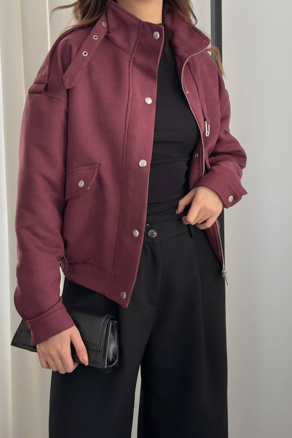 Toptan Bordo Dik Yakalı Kısa Ceket