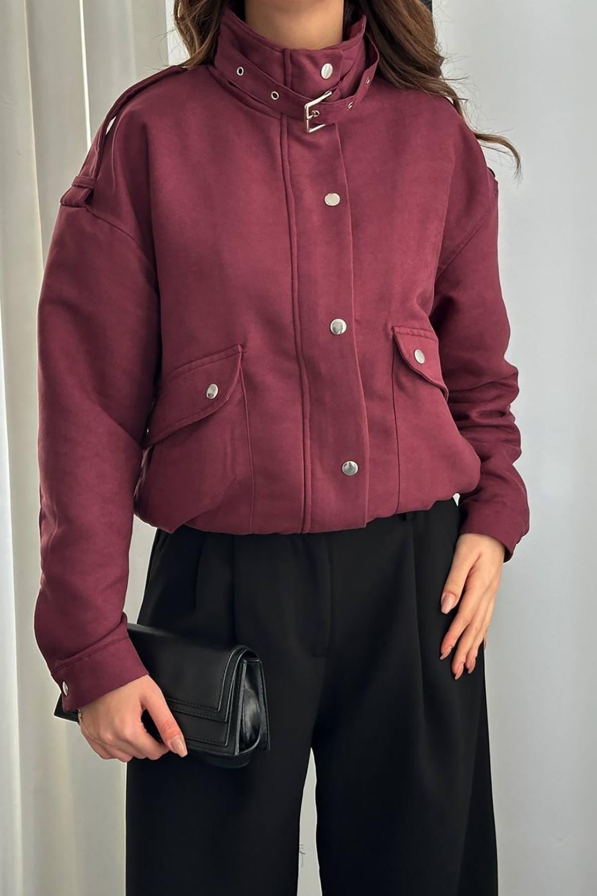 Toptan Bordo Dik Yakalı Kısa Ceket