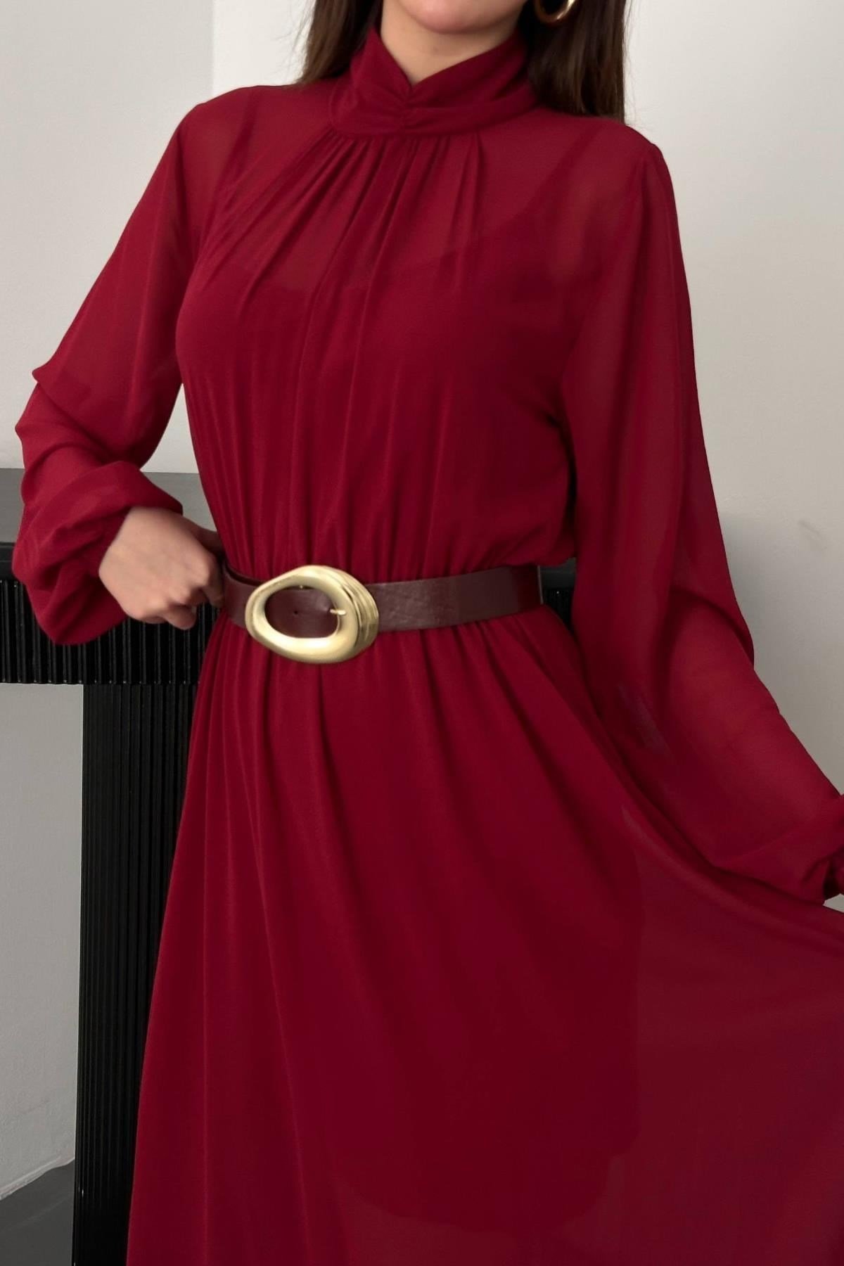 Toptan Bordo Eteği Fırfırlı Şifon Elbise