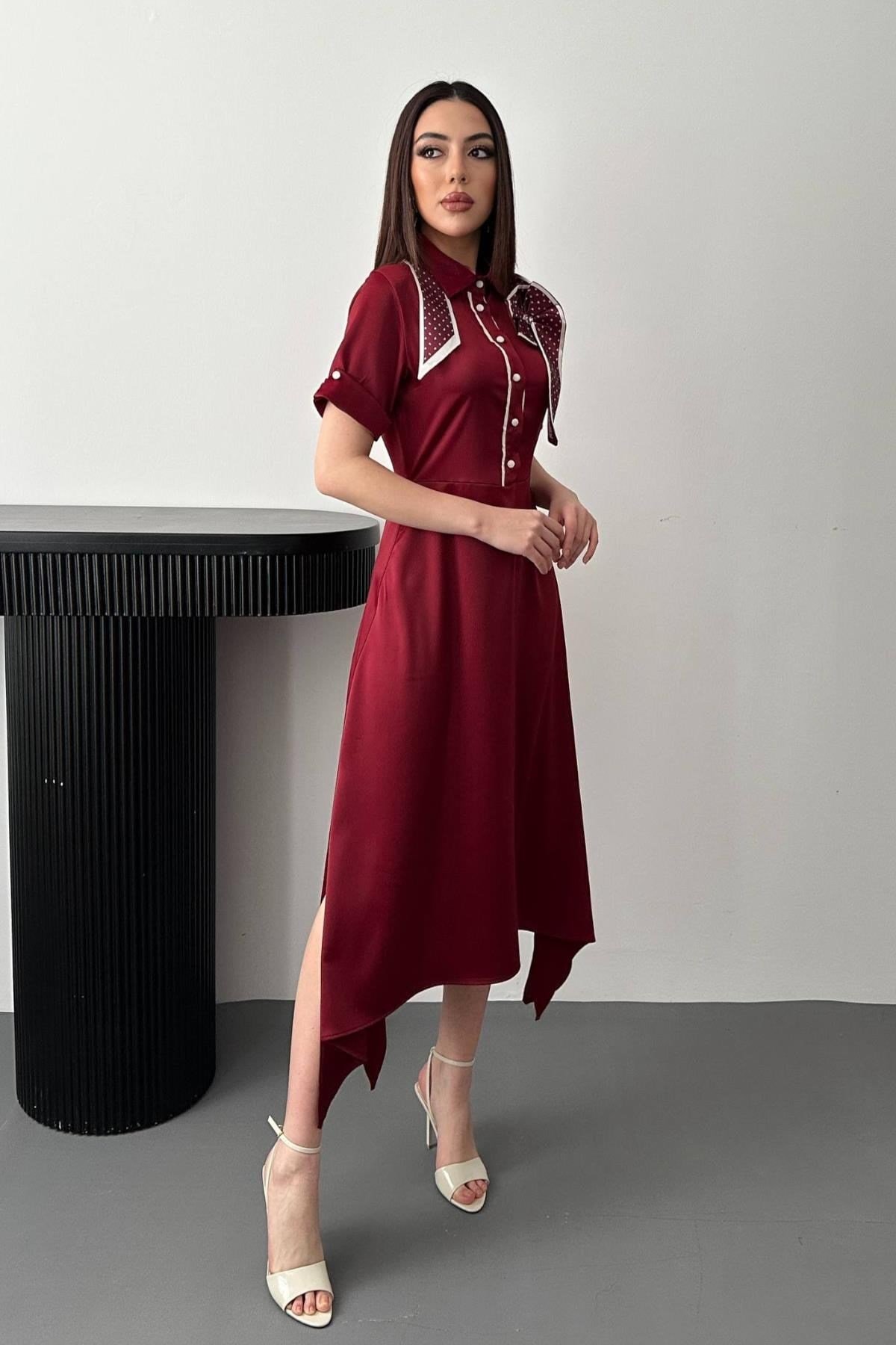 Toptan Bordo Fular Detaylı Saten Elbise