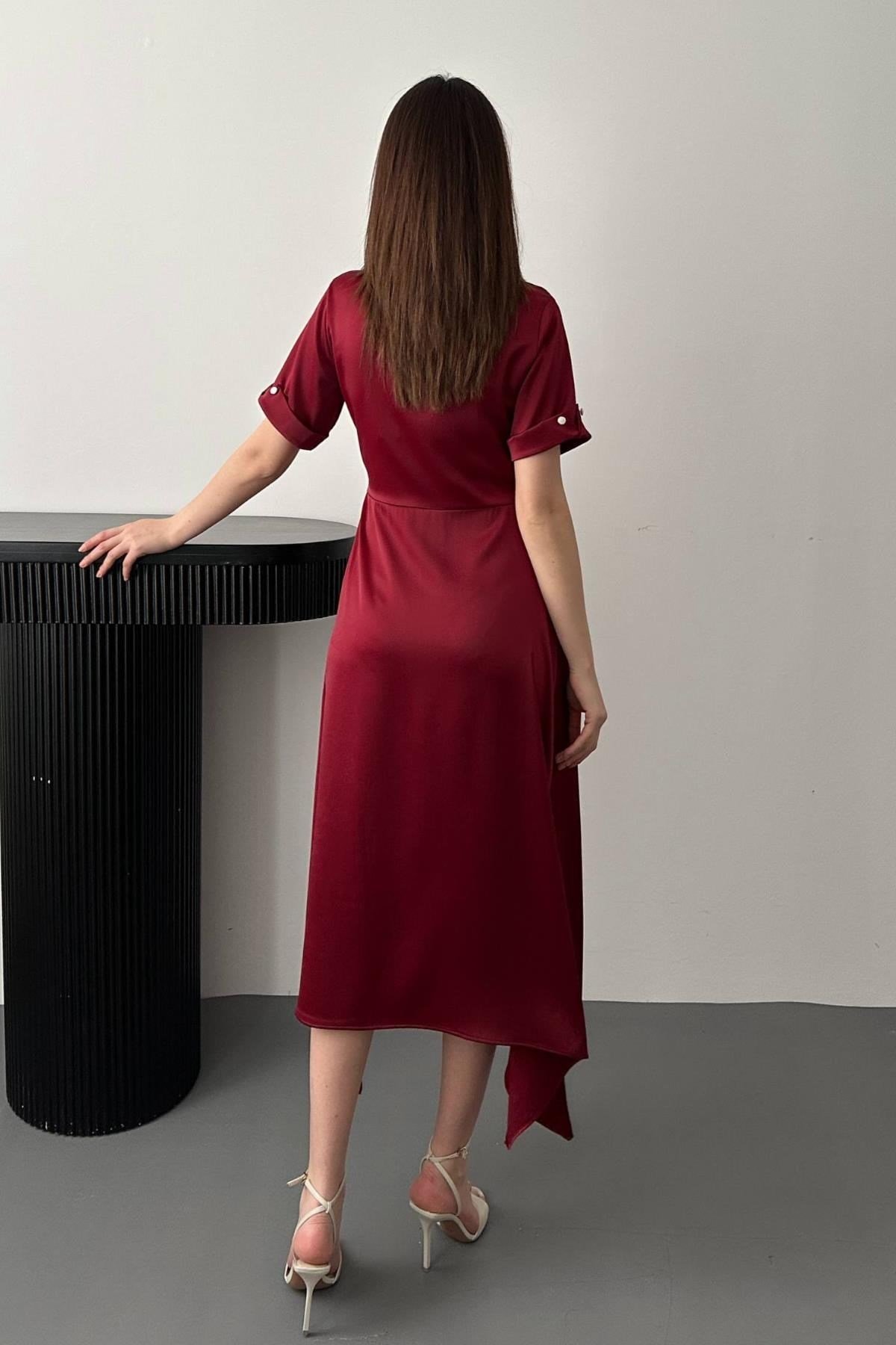 Toptan Bordo Fular Detaylı Saten Elbise