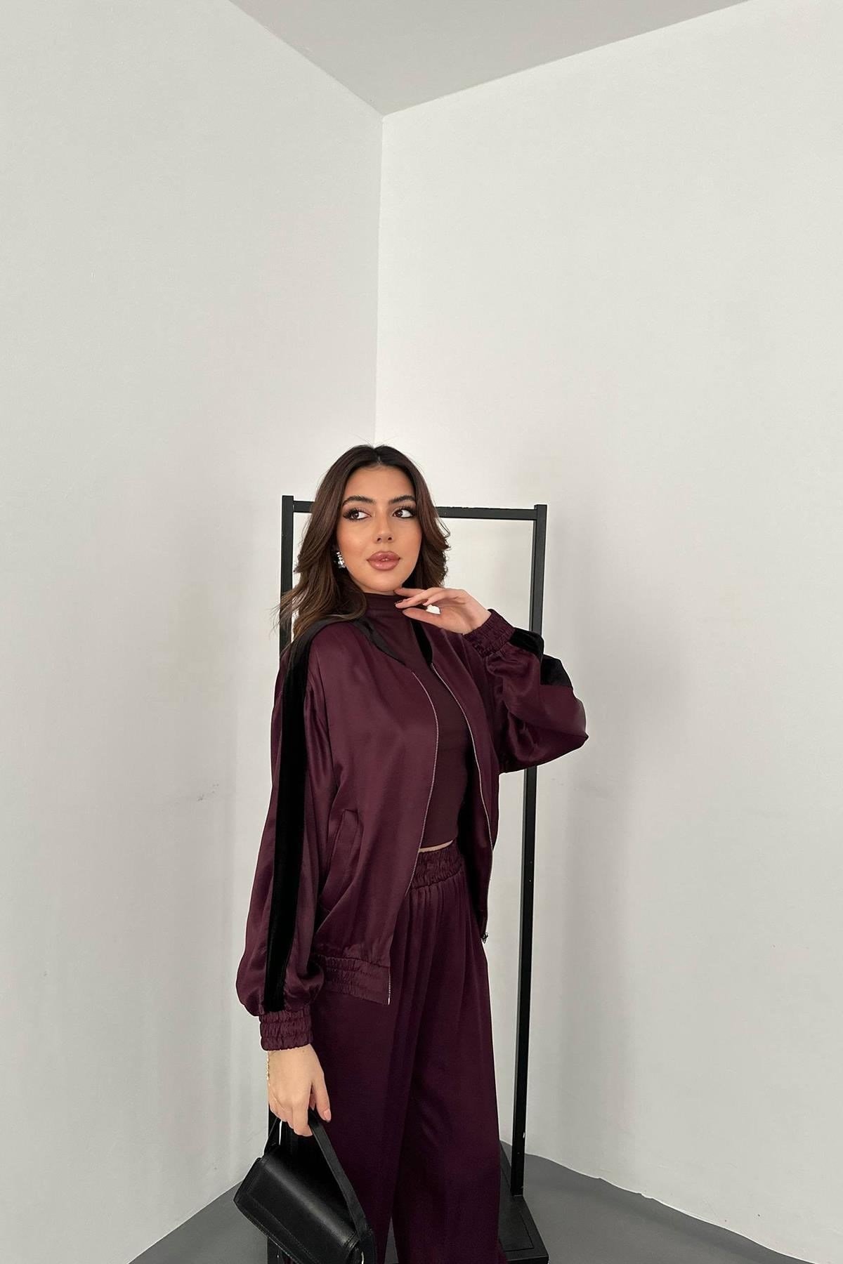 Toptan Bordo Kadife Şeritli Saten Eşofman Takımı