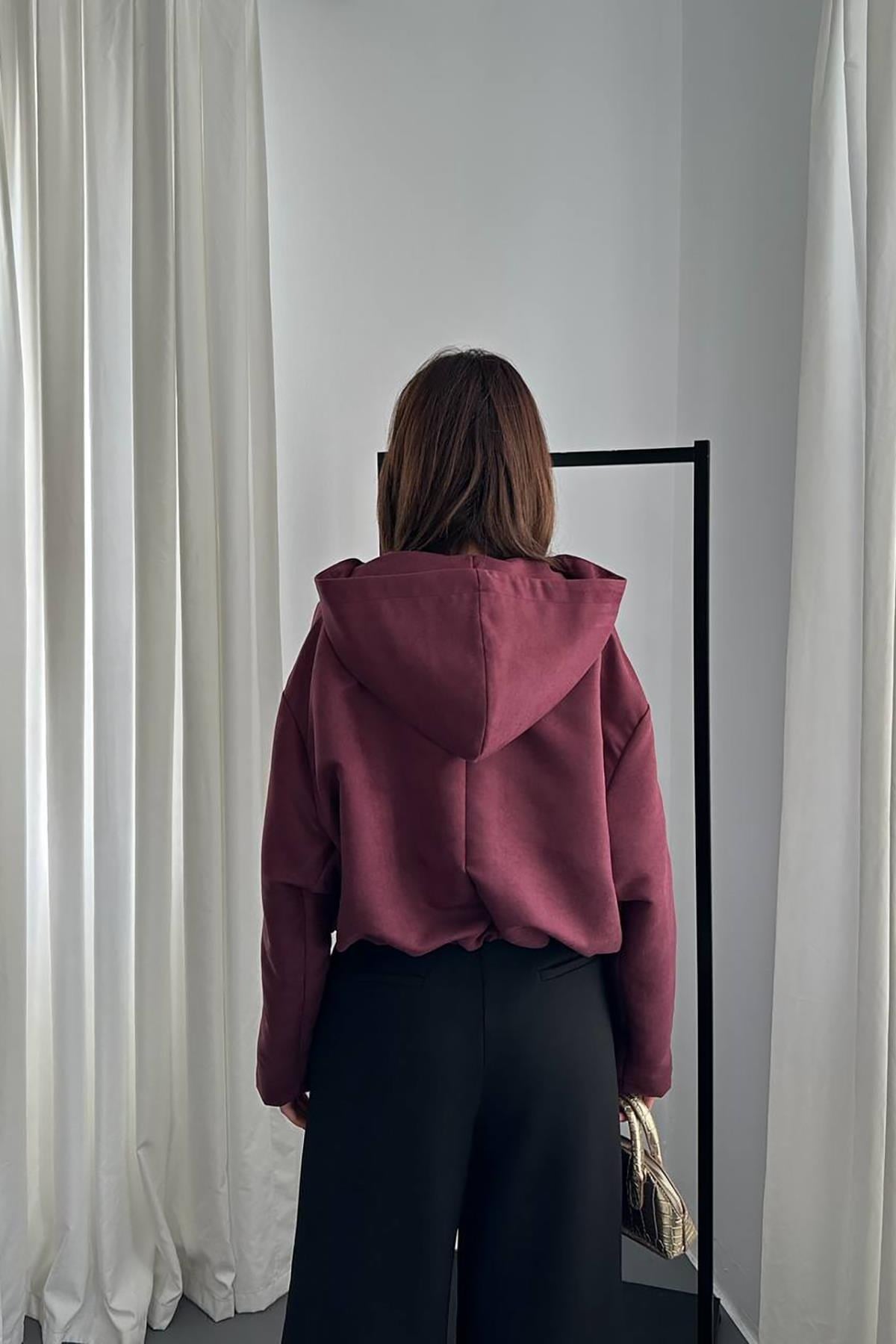 Toptan Bordo Kısa Kapüşonlu Ceket