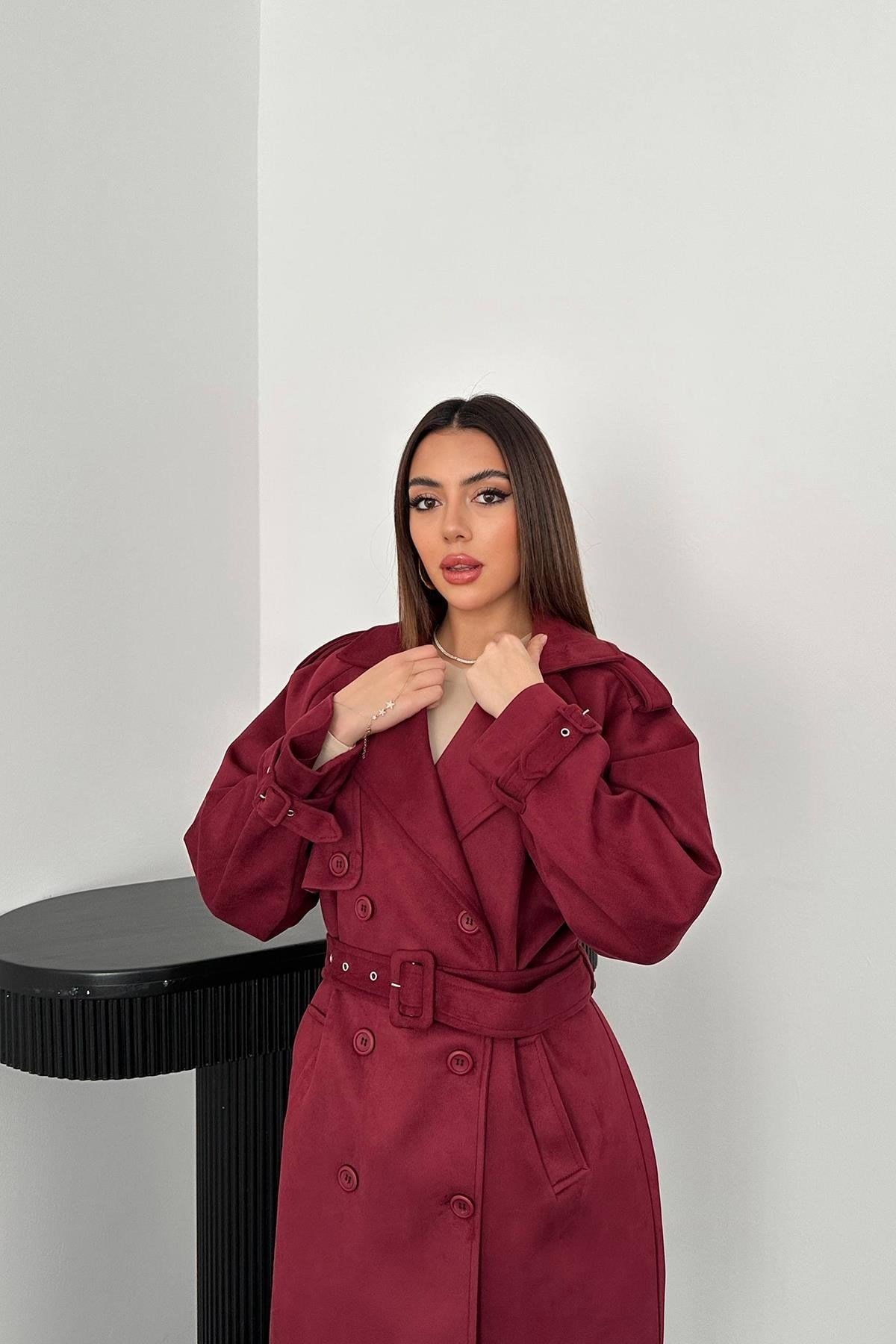 Toptan Bordo Reglan Kollu Süet Trençkot