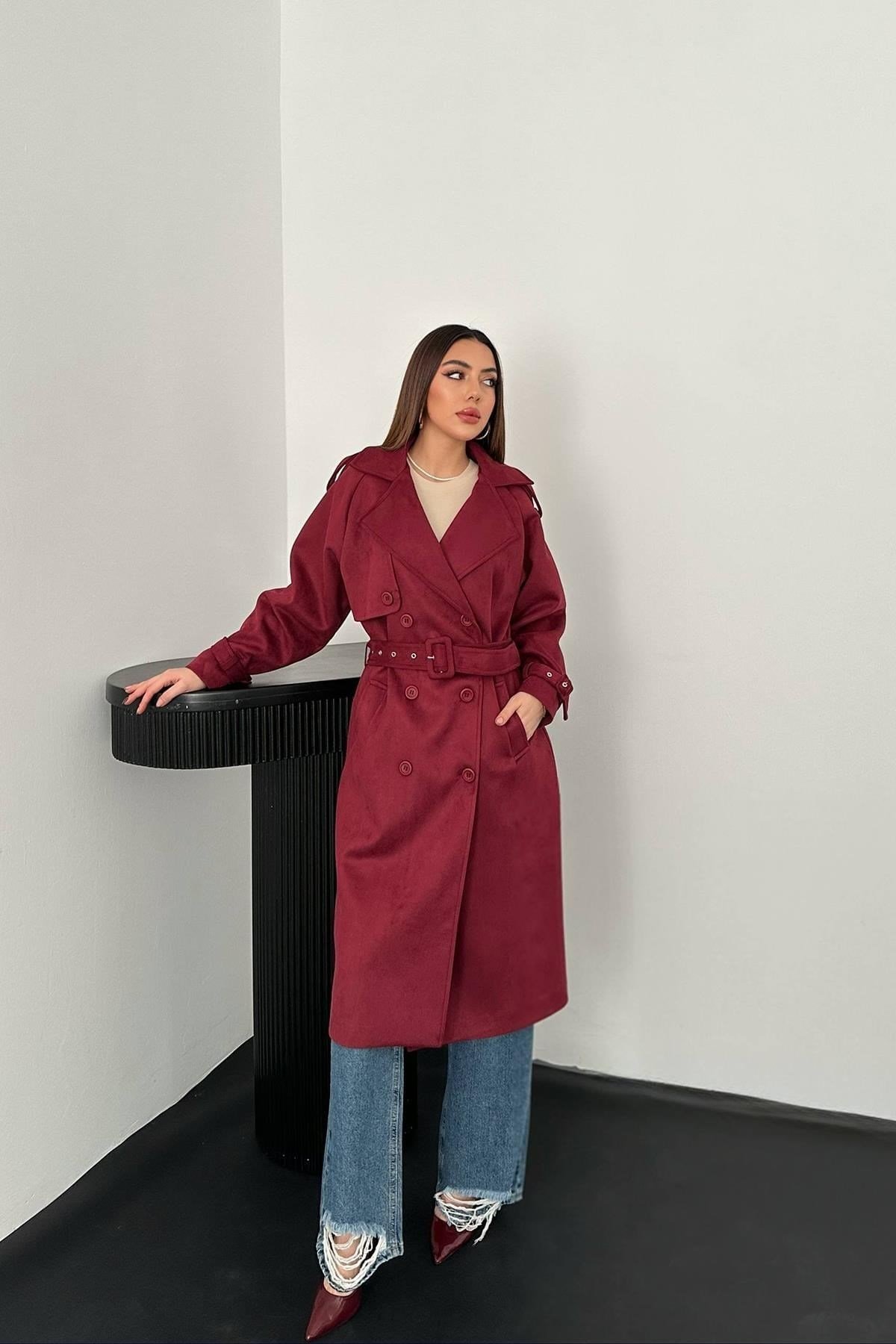 Toptan Bordo Reglan Kollu Süet Trençkot