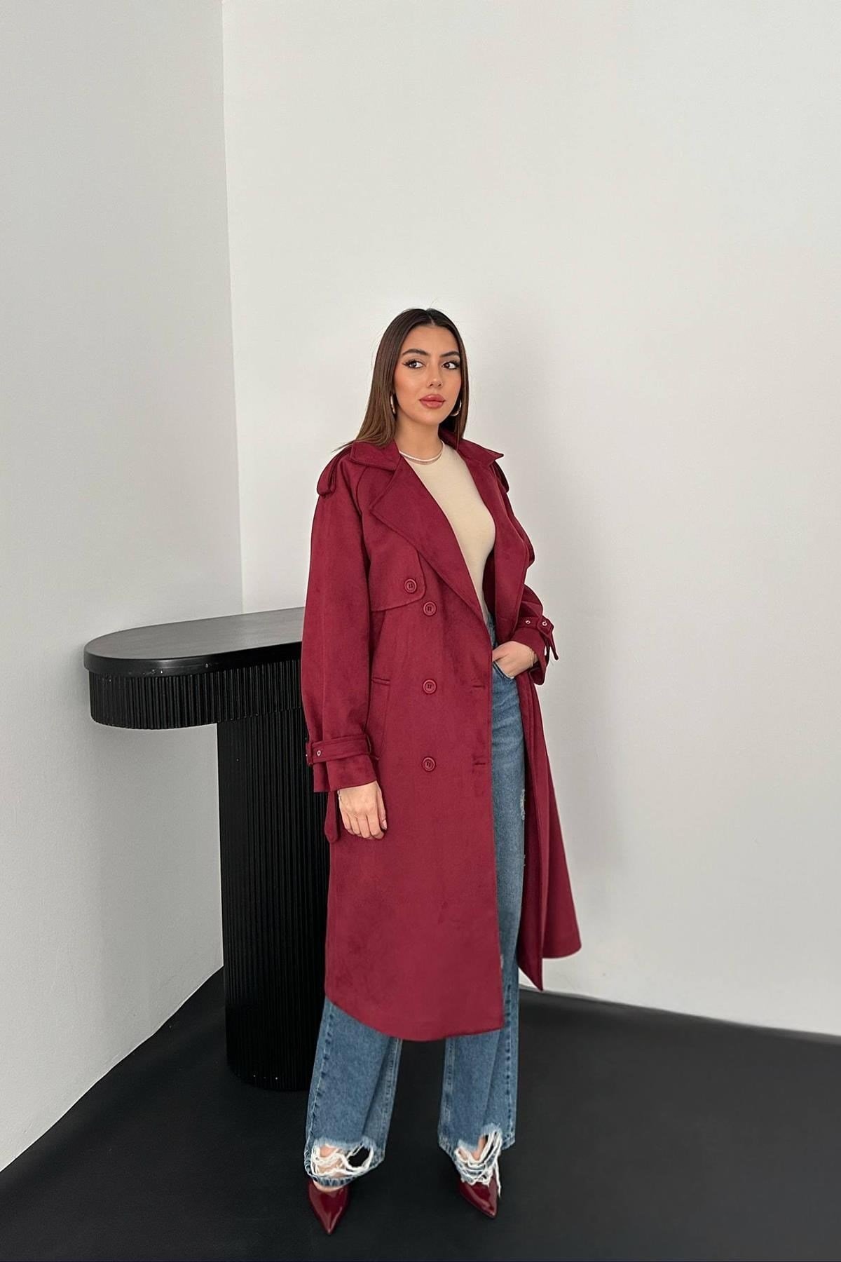 Toptan Bordo Reglan Kollu Süet Trençkot